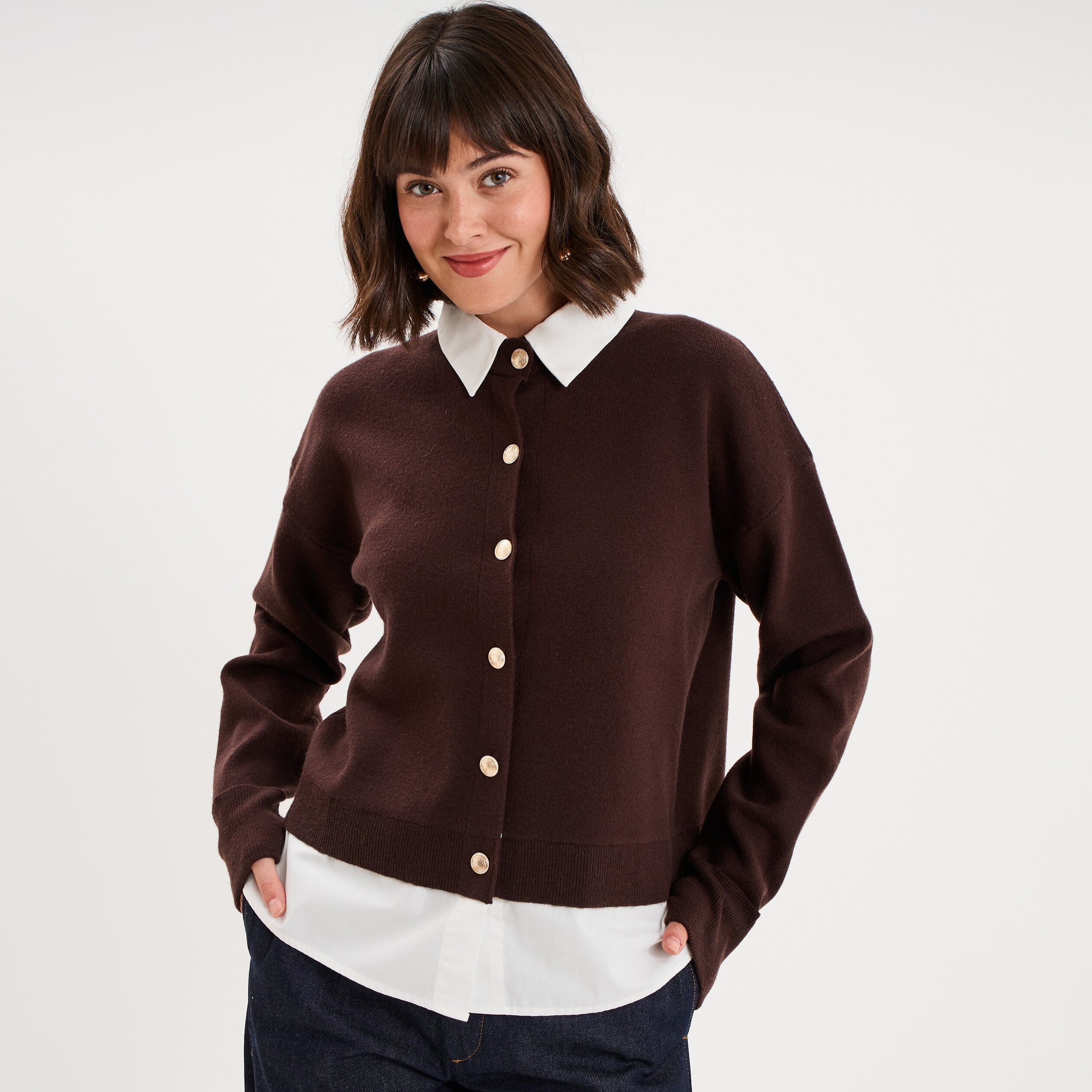 Gilet effet 2-en-1 col chemise marron fonc&eacute; femme