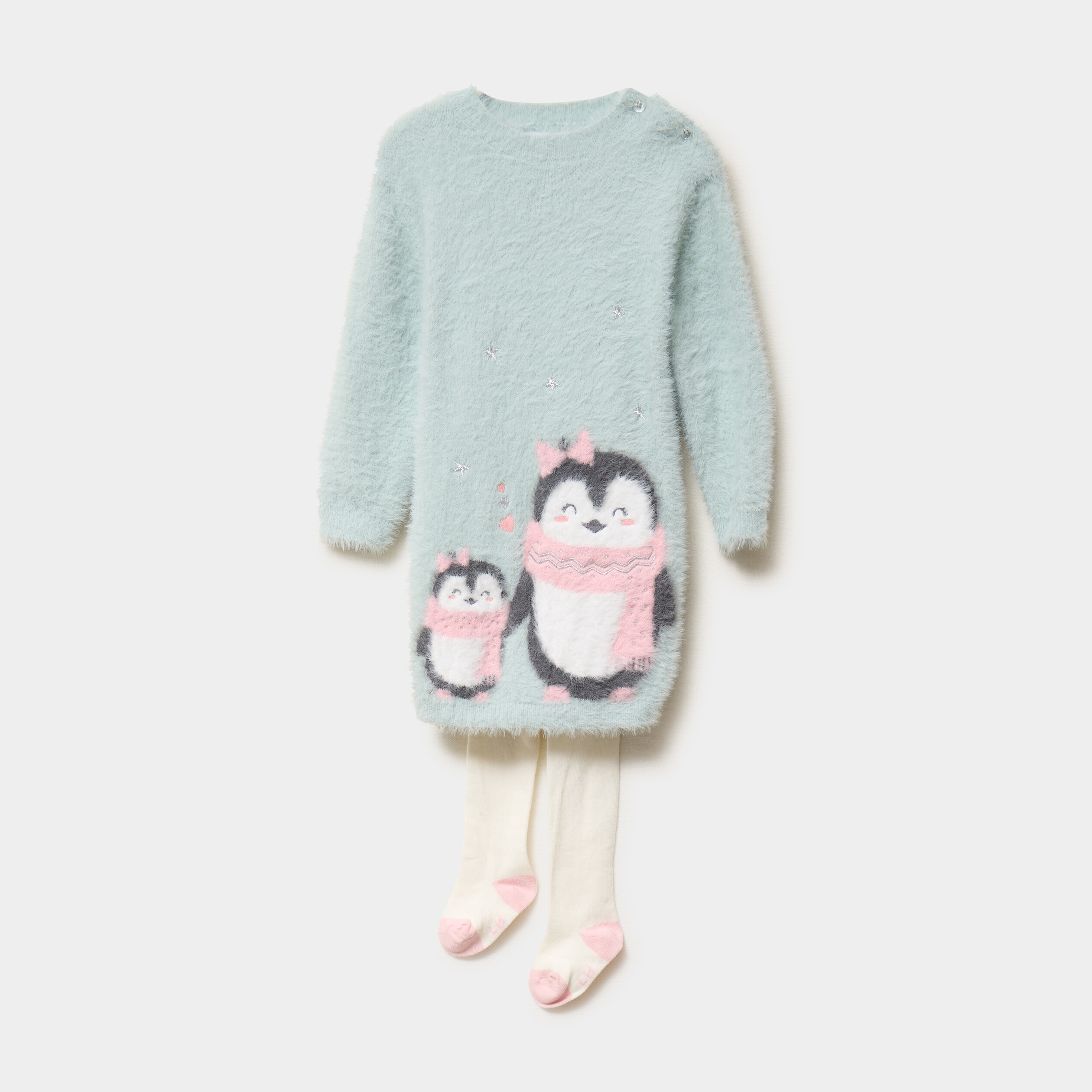 Ensemble robe tricot et collants vert pastel b&eacute;b&eacute; fille