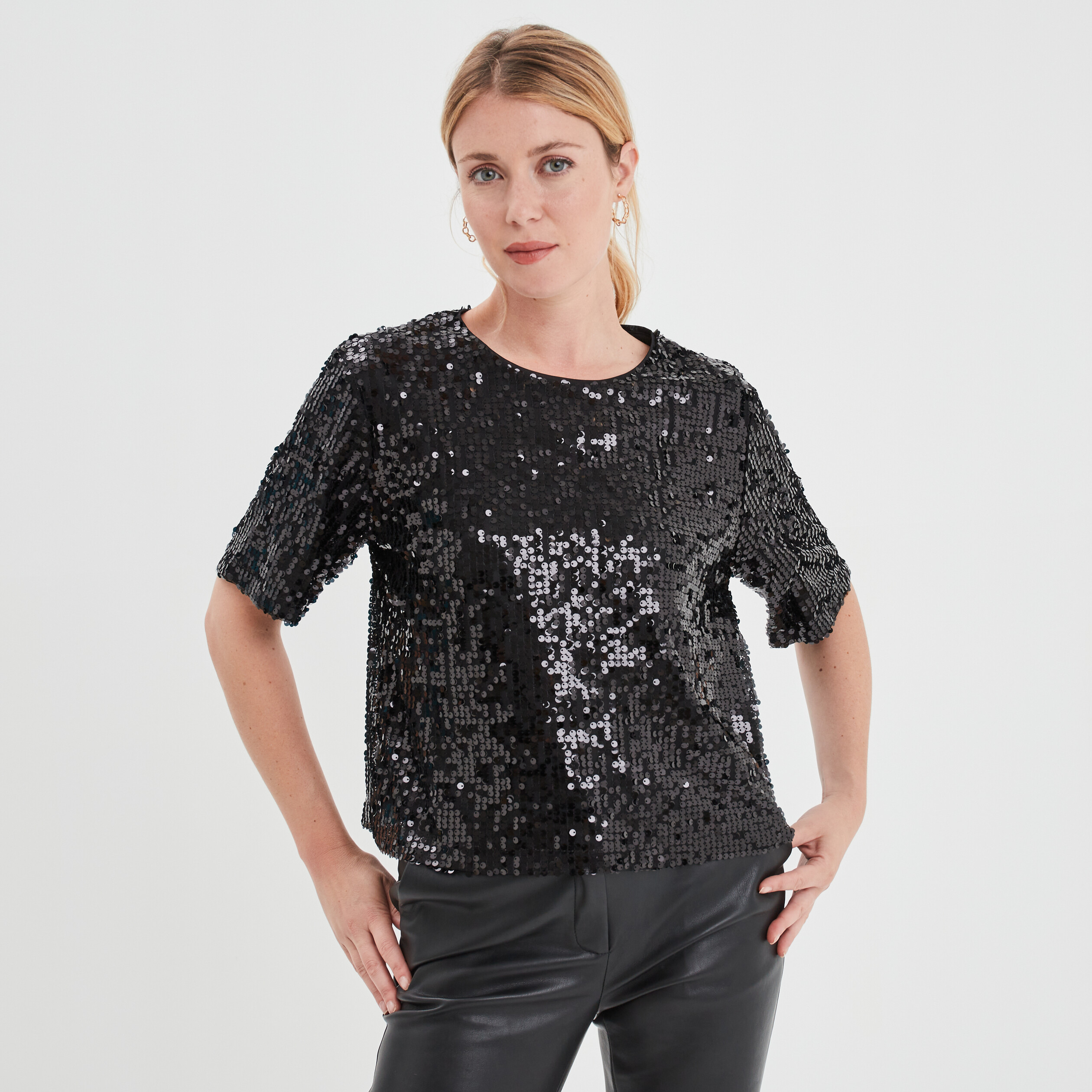 T-shirt à sequins manches courtes droit noir femme