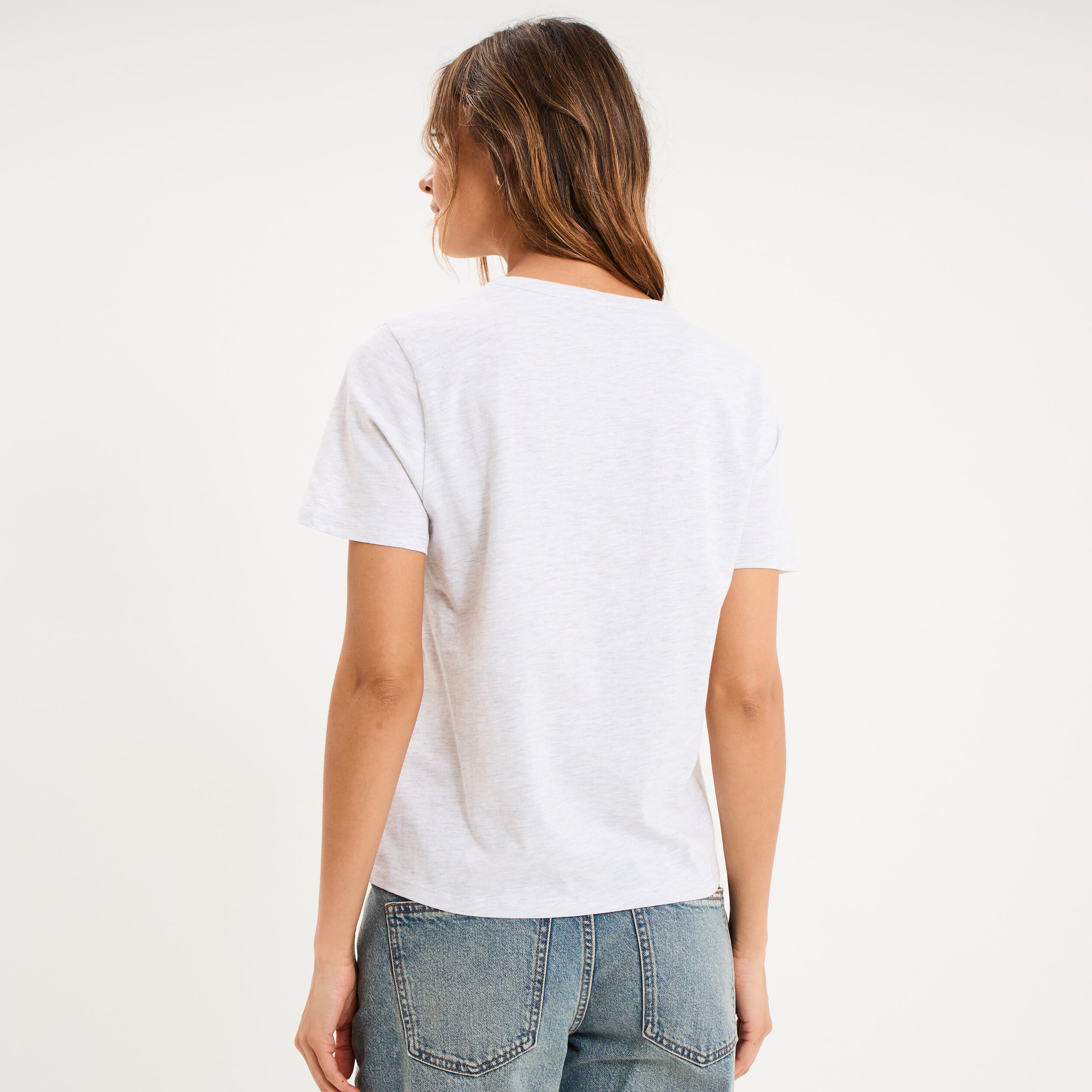 T-shirt col rond manches courtes gris clair femme
