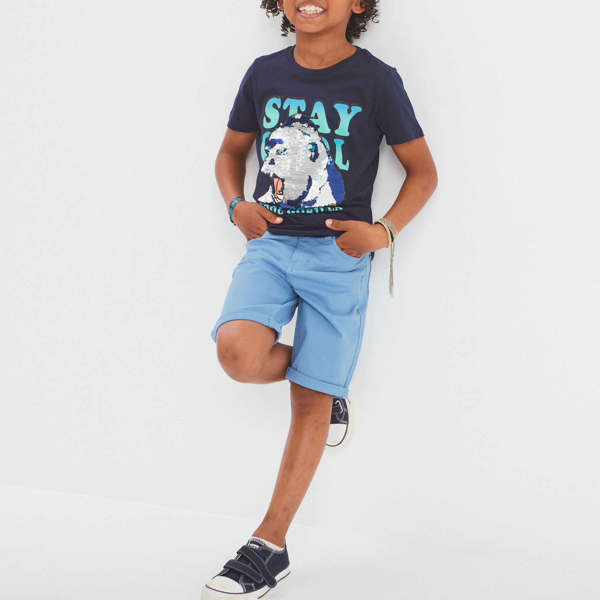 T-shirt sequins r&eacute;versibles bleu marine gar&ccedil;on