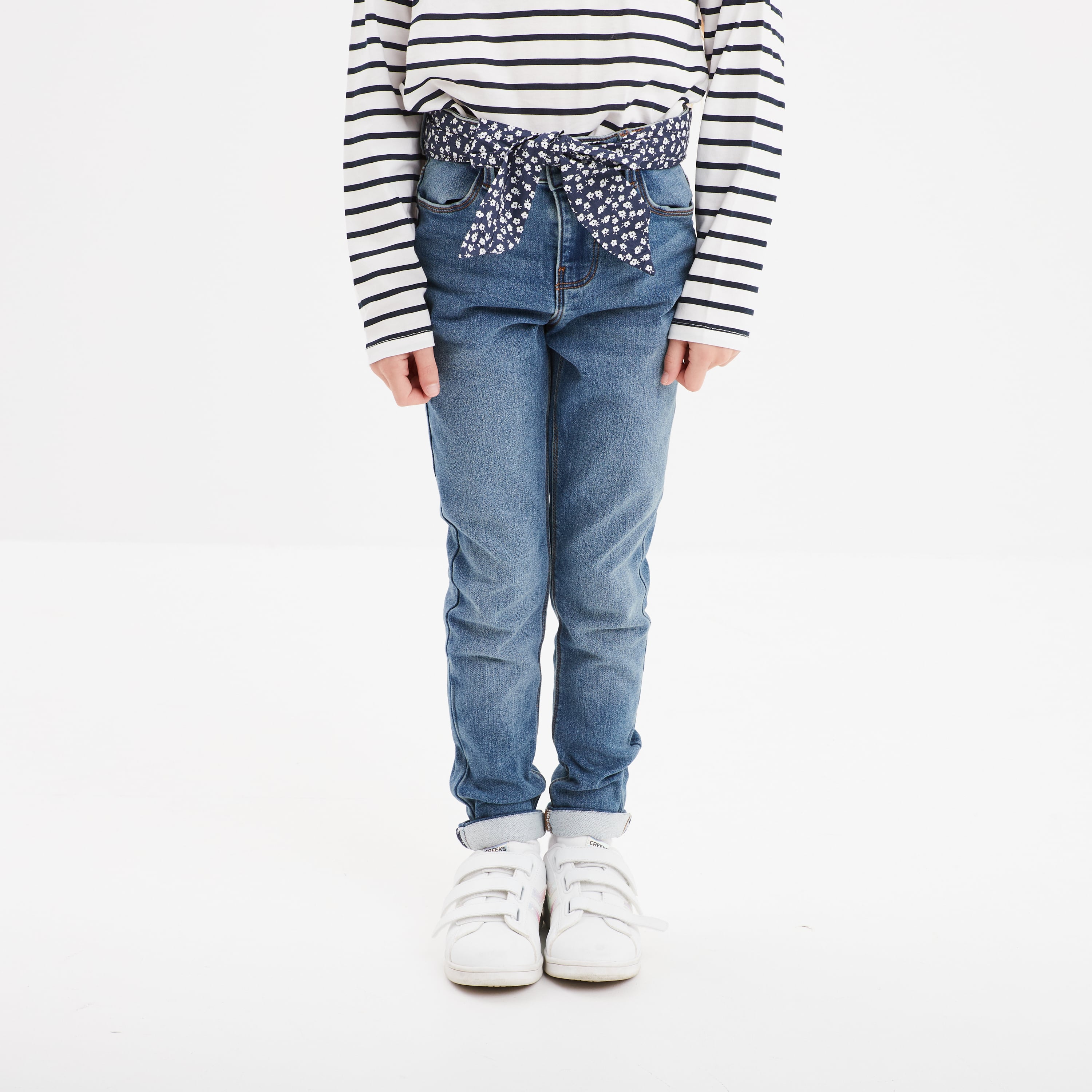 Jean stretch skinny ceinture foulard denim stone fille