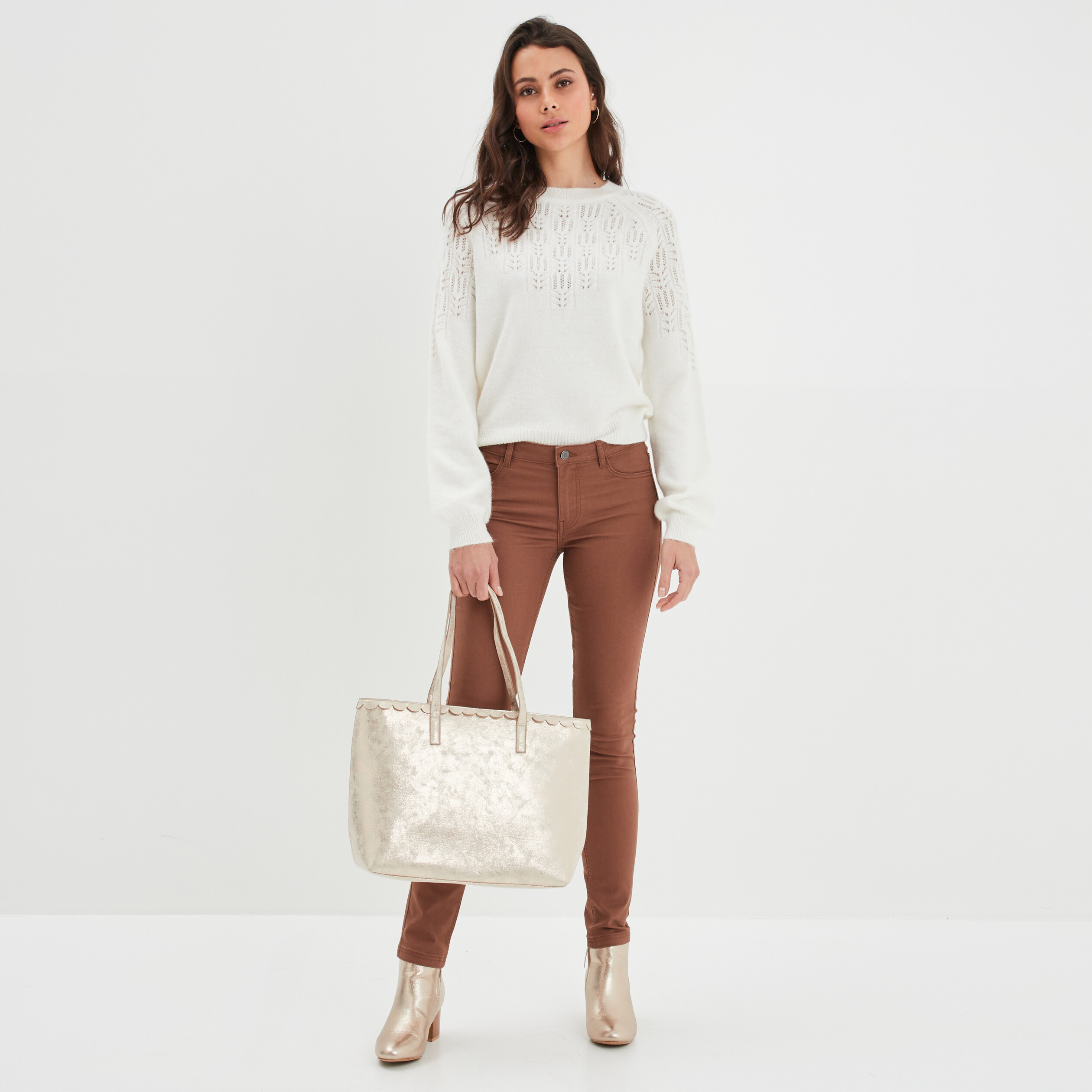 Pantalon slim stretch marron femme