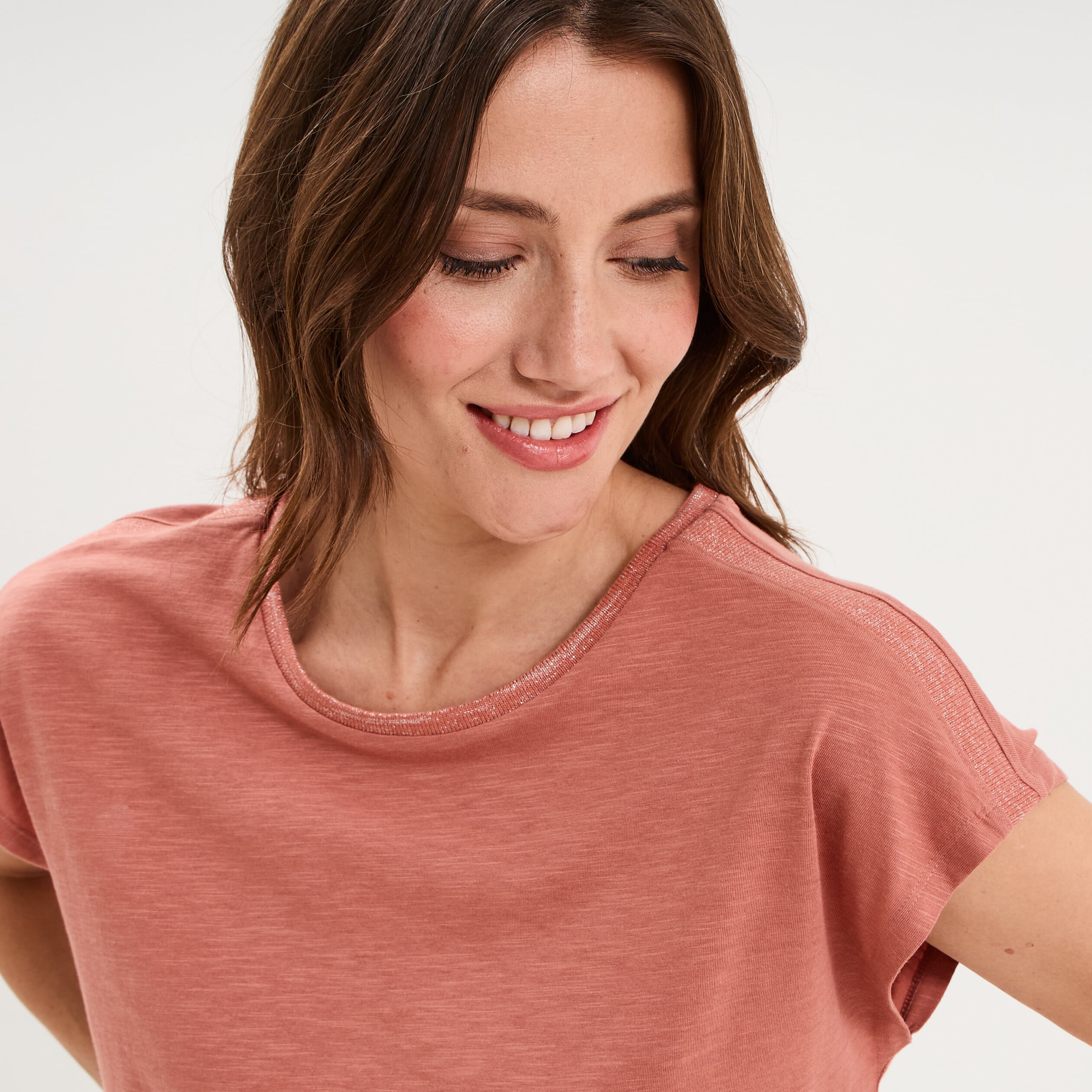 T-shirt col rond manches courtes terracotta femme