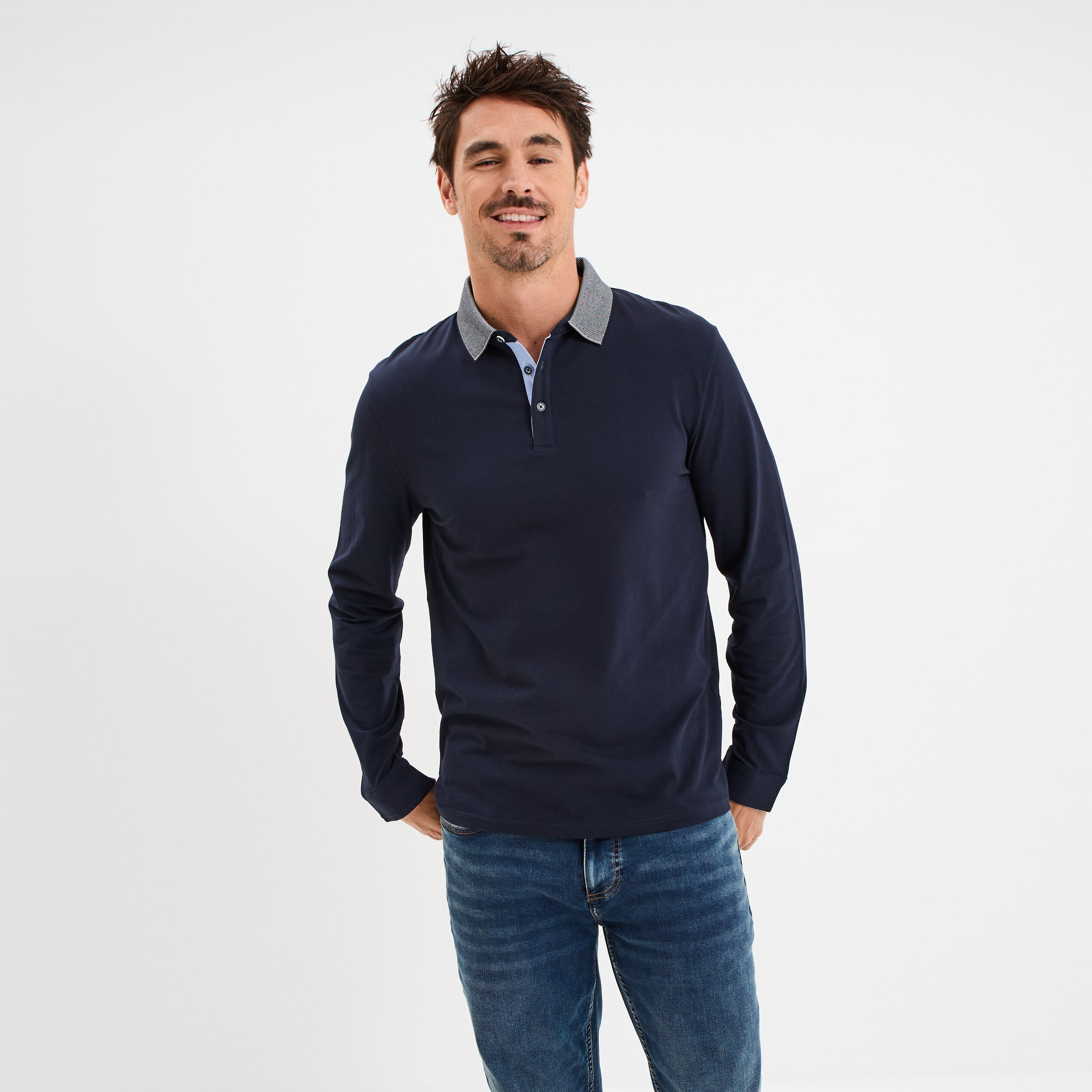 Polo manches longues coton majoritaire bleu marine homme