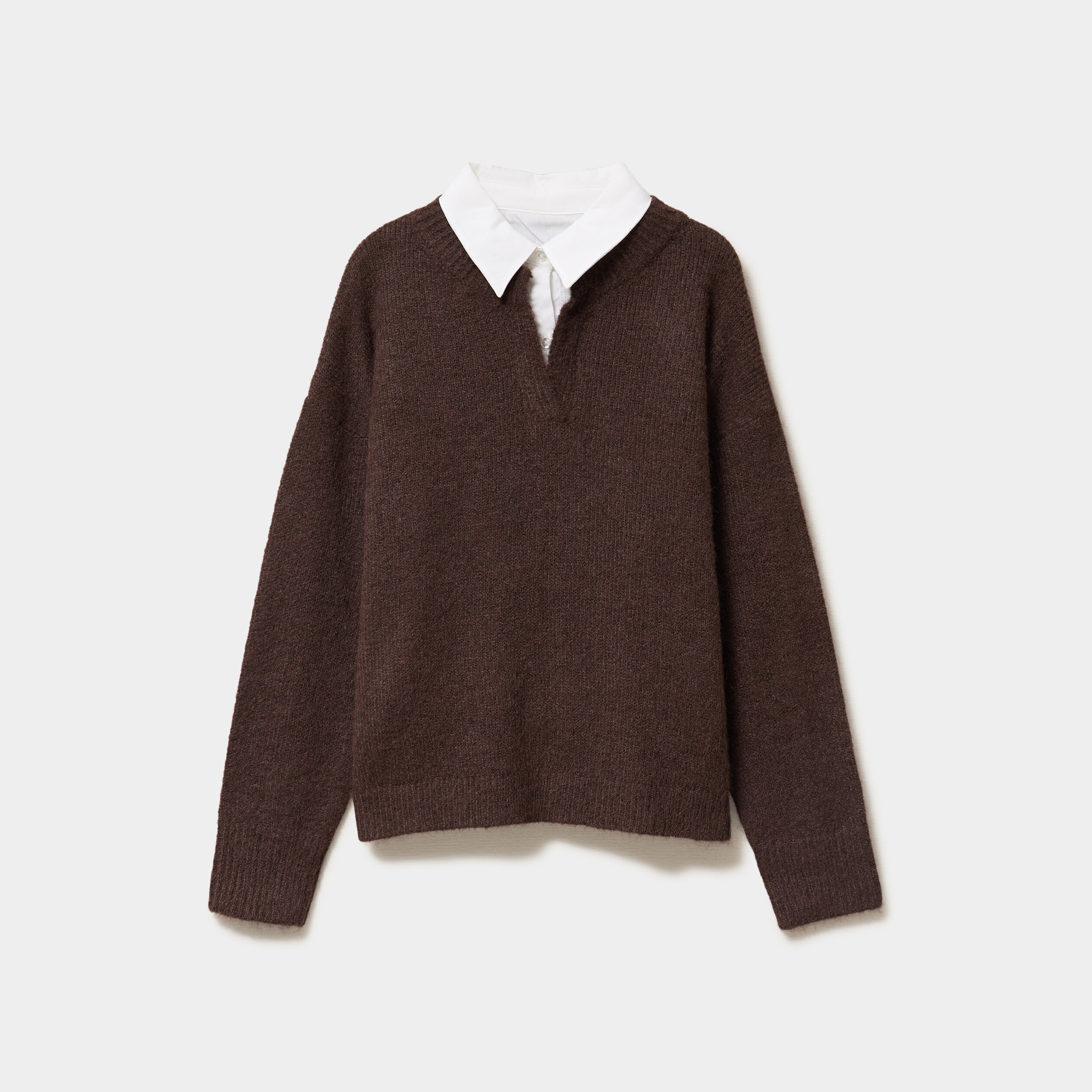 Pull 2-en-1 col chemise manches longues marron fonc&eacute; femme