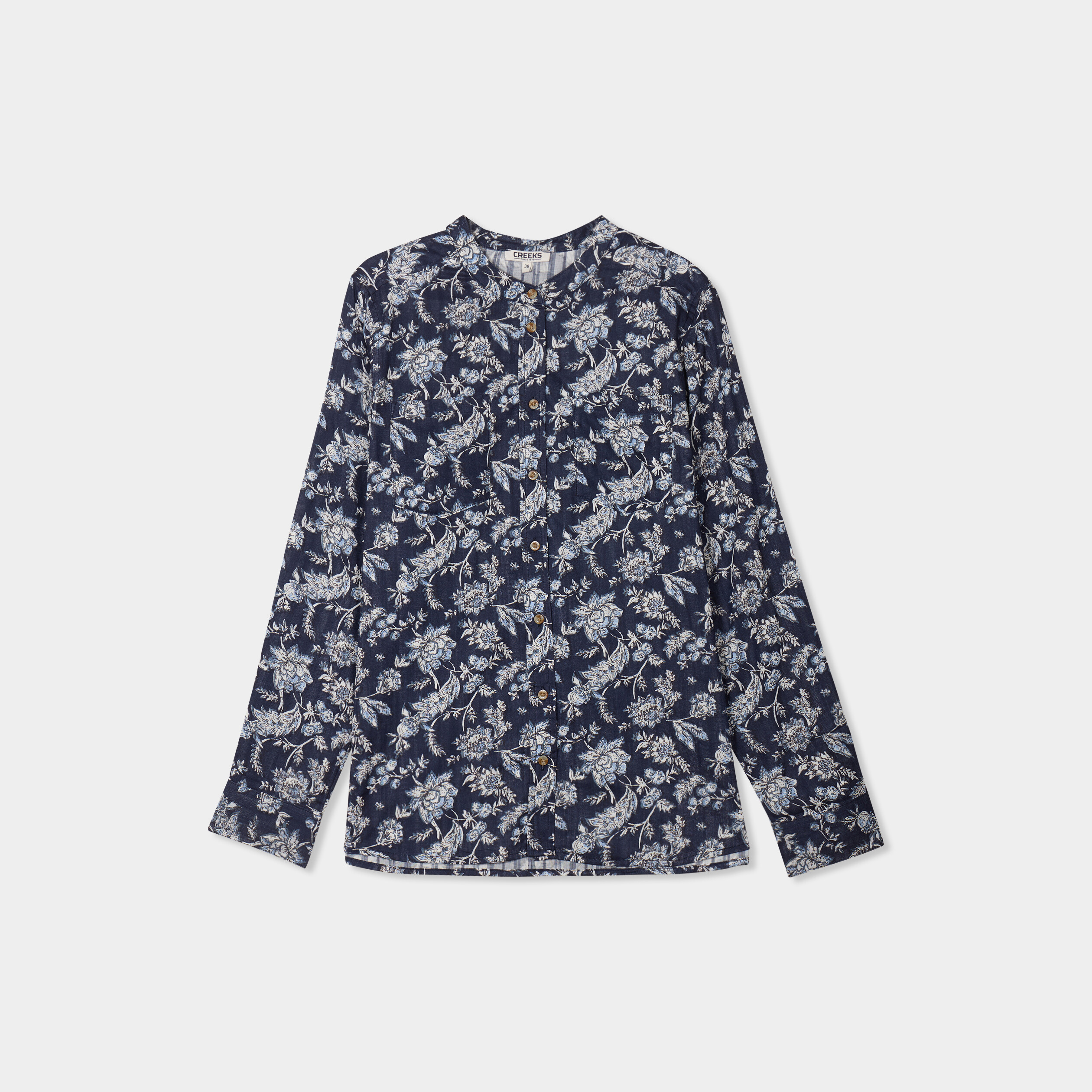 Chemise manches longues col mao bleu marine femme