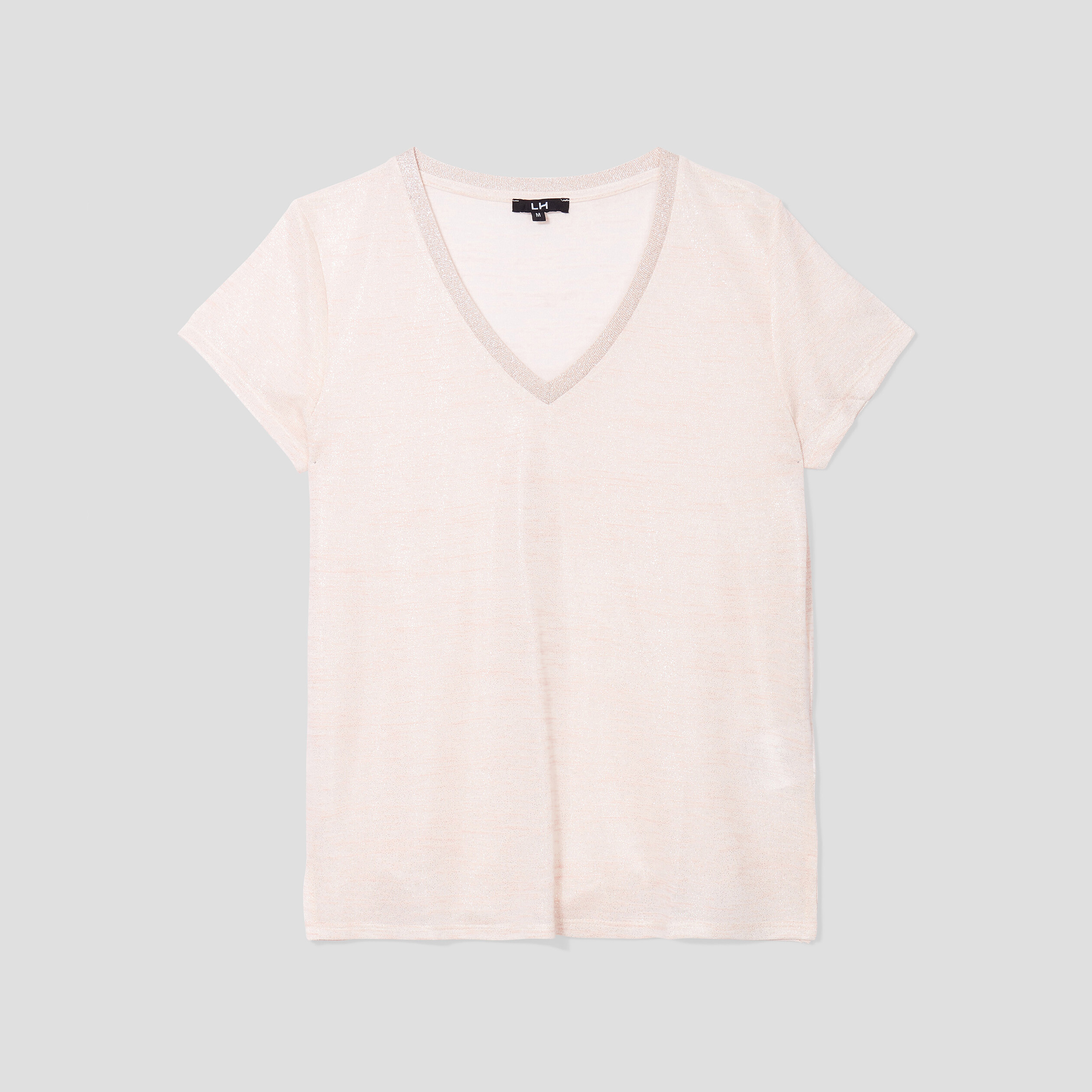 T-shirt col en V à bande métallisée rose clair femme
