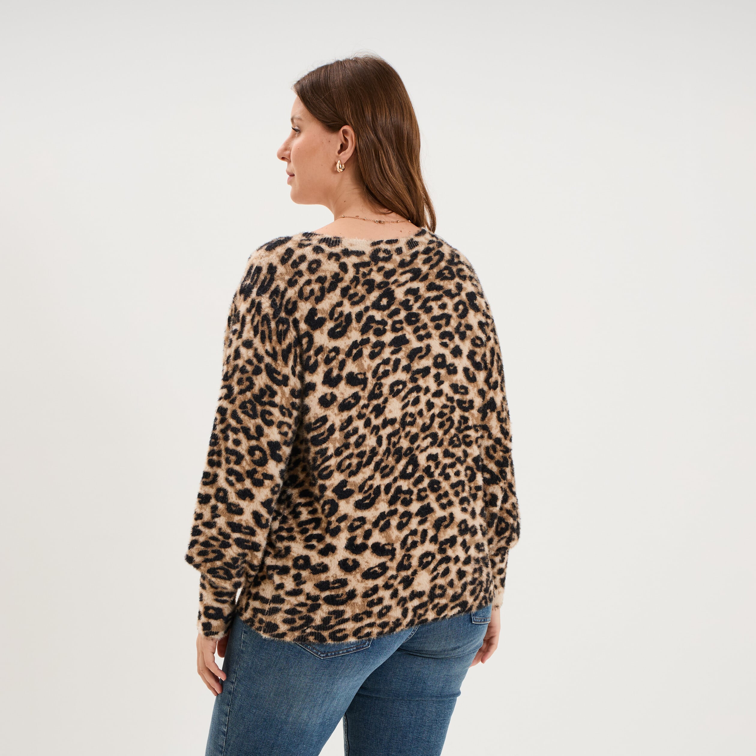 Pull manches longues col rond beige femme grande taille