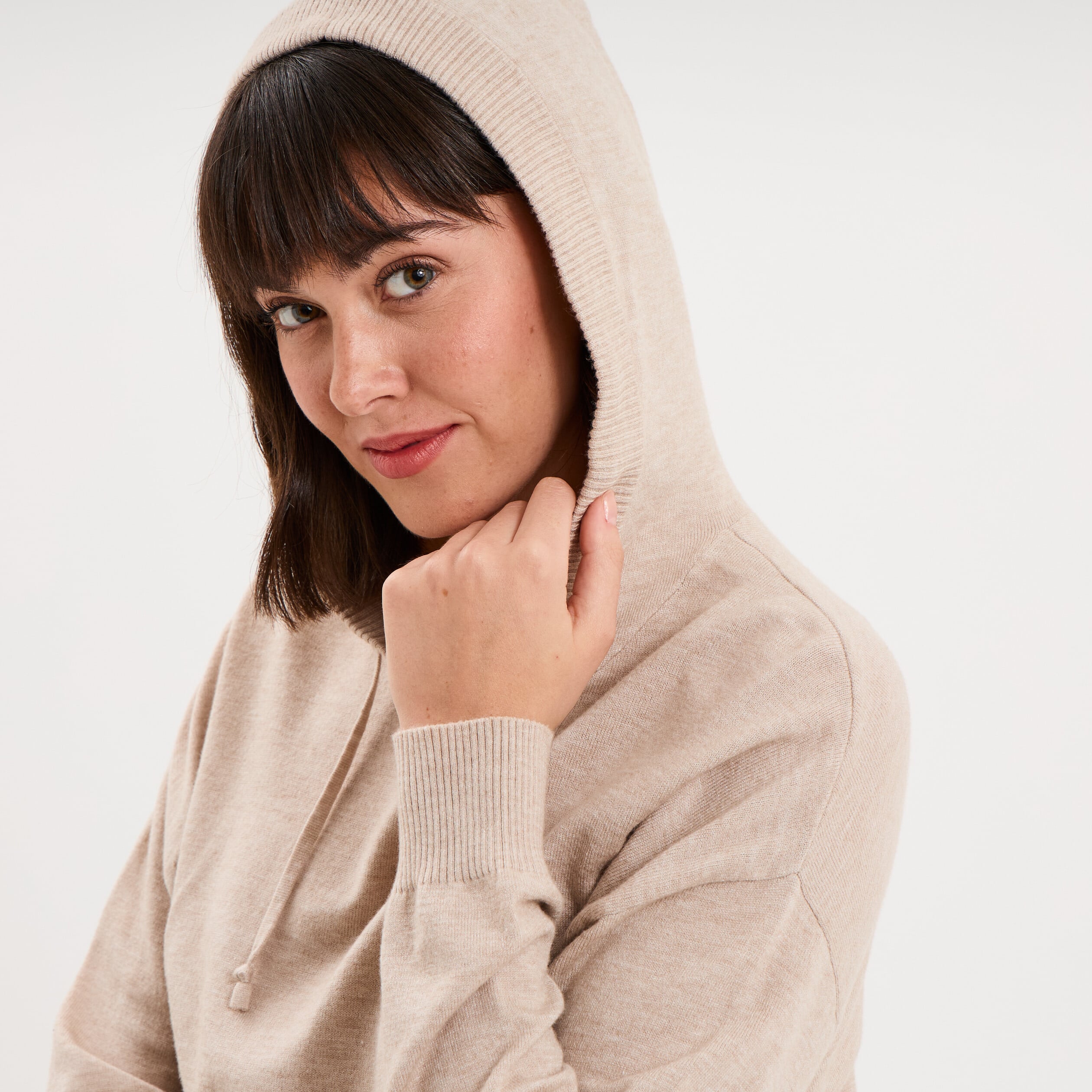 Haut de pyjama hoodie manches longues beige femme