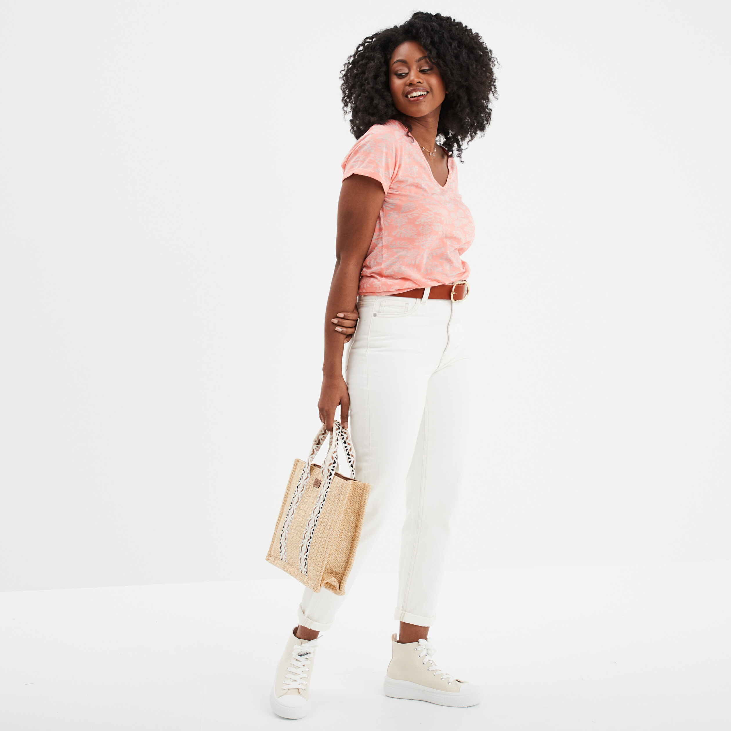 t shirt col en v manches courtes creeks rose corail femme T-shirt col en V manches courtes Creeks rose corail femme