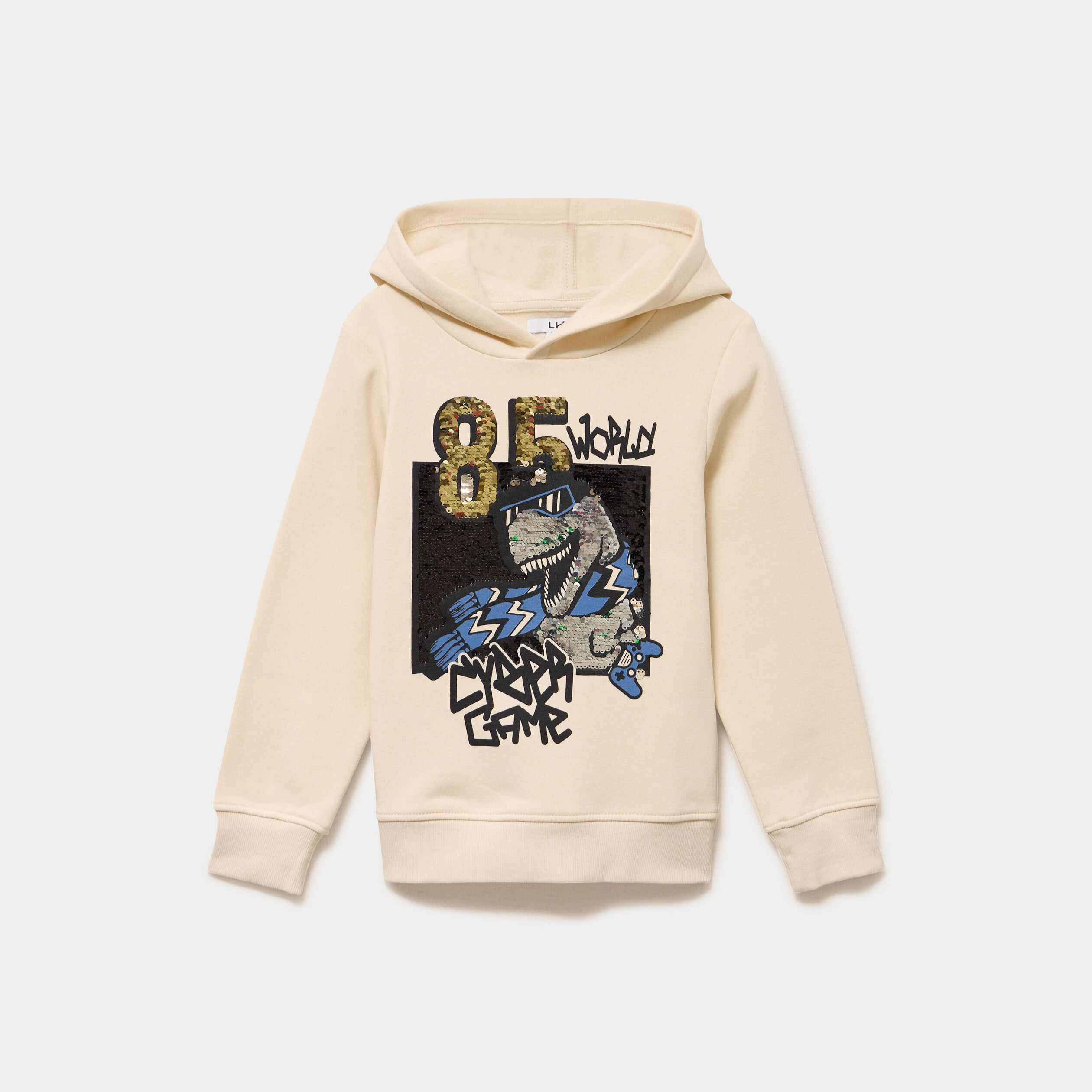 Sweat hoodie capuche sequins r&eacute;versibles ecru gar&ccedil;on