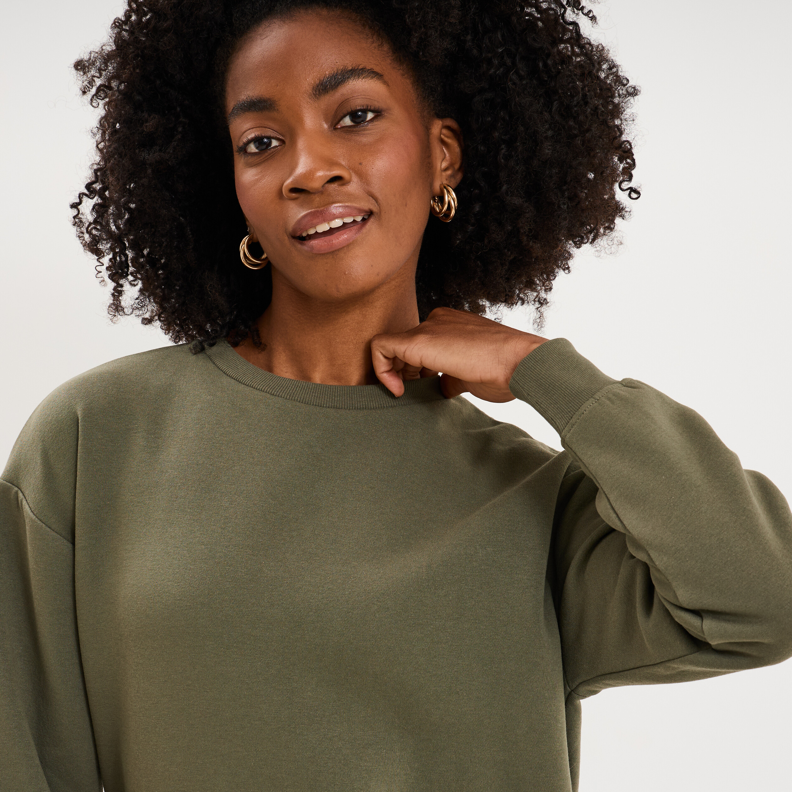 Sweat col rond manches longues vert kaki femme