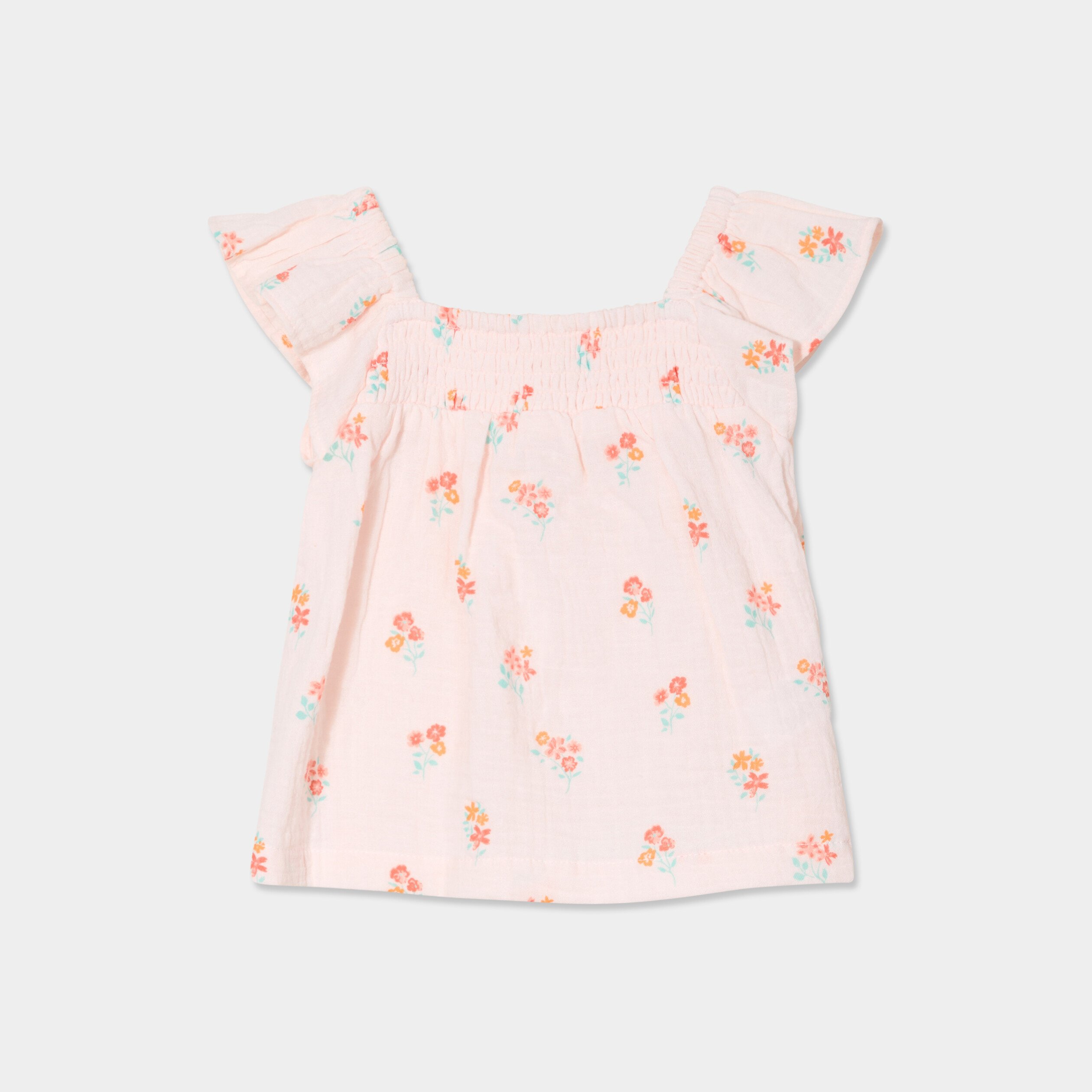 blouse smockee a volants gaze de coton rose clair bebef Blouse smockée à volants gaze de coton rose clair bébé fille
