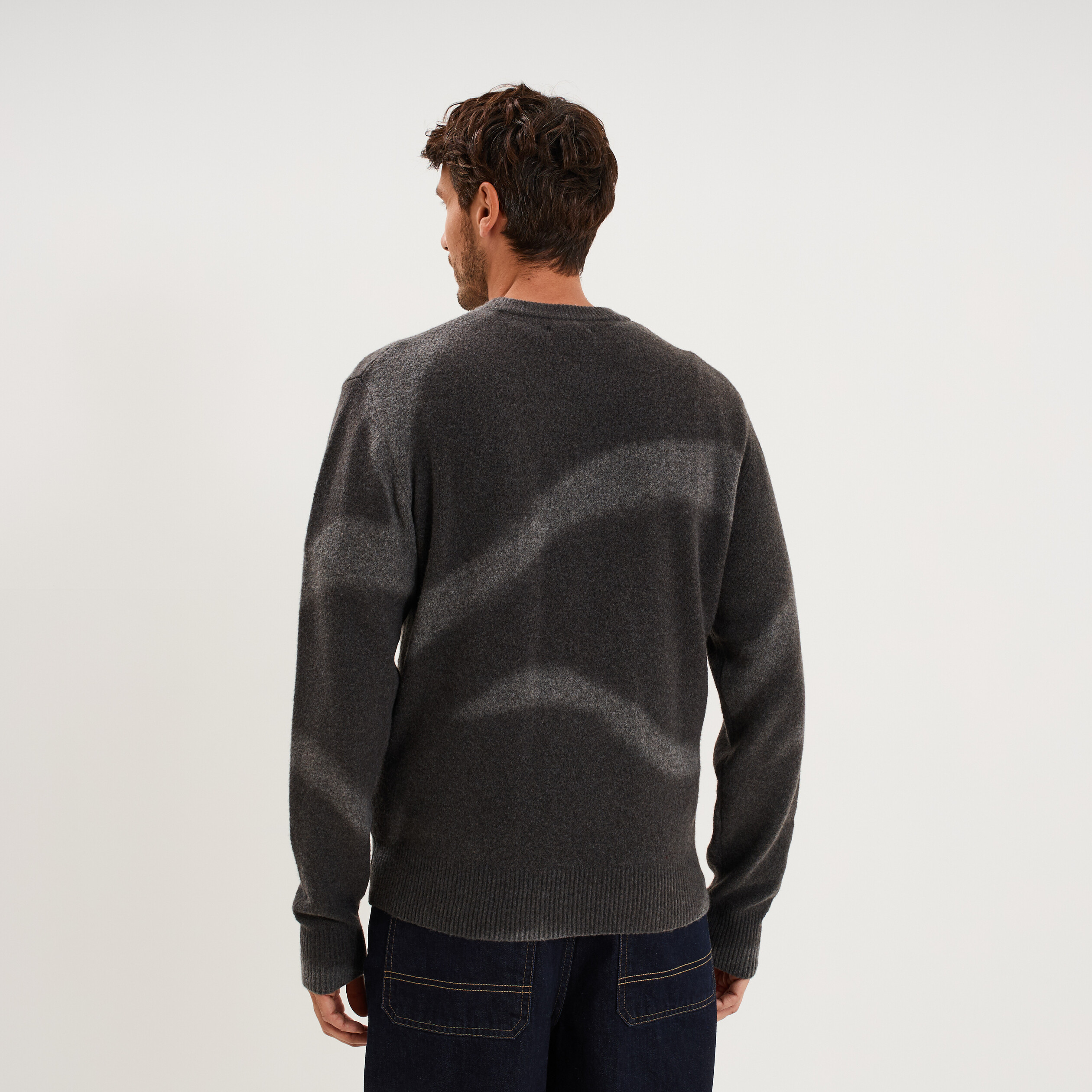 Pull col rond manches longues gris fonc&eacute; homme