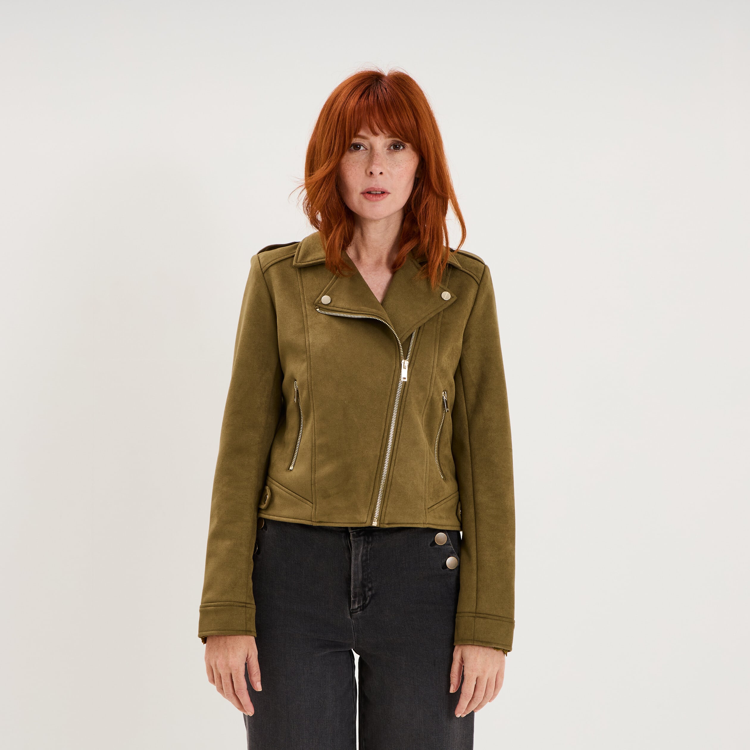 Veste biker en su&eacute;dine ajust&eacute;e vert kaki femme