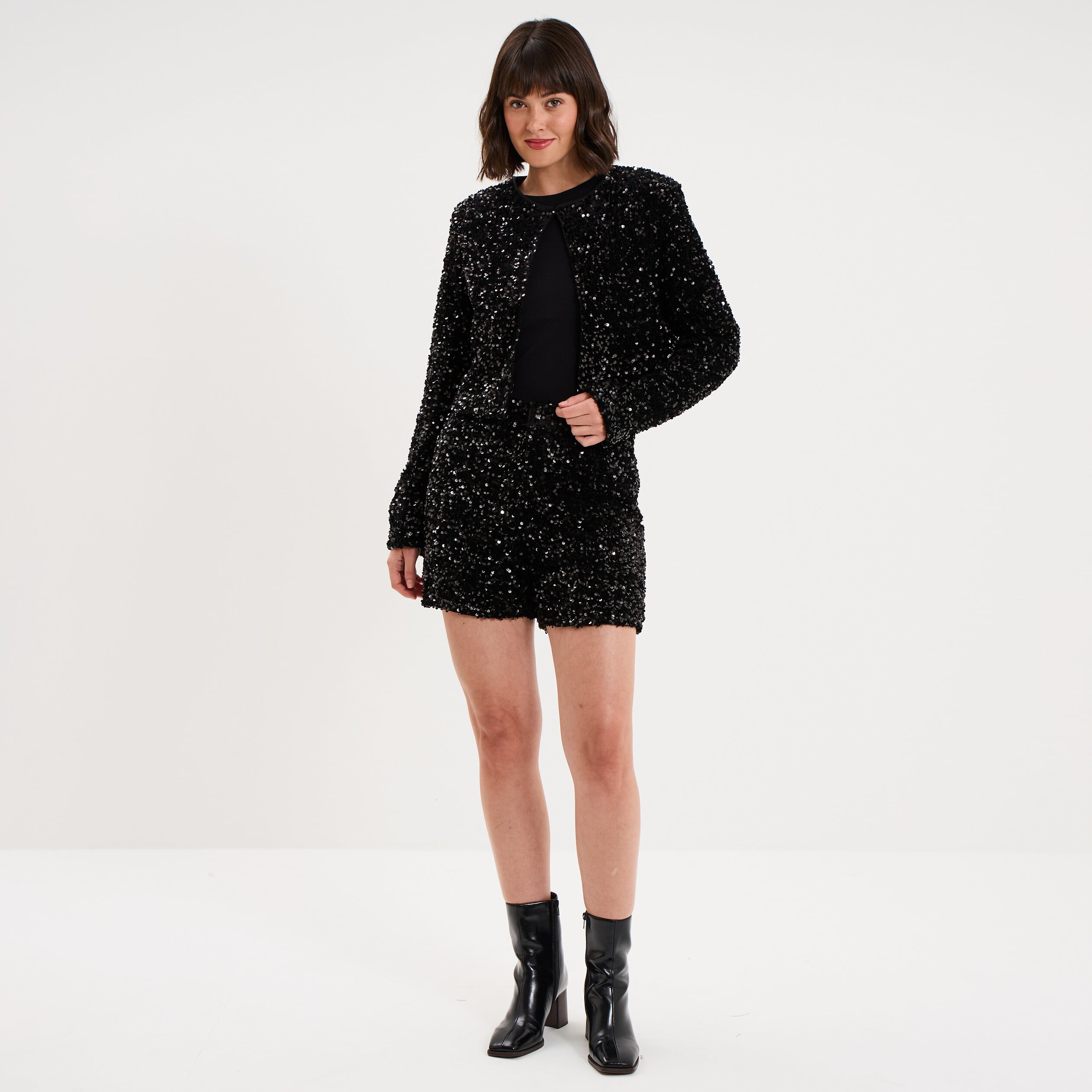 Short &agrave; sequins taille &eacute;lastiqu&eacute;e noir femme