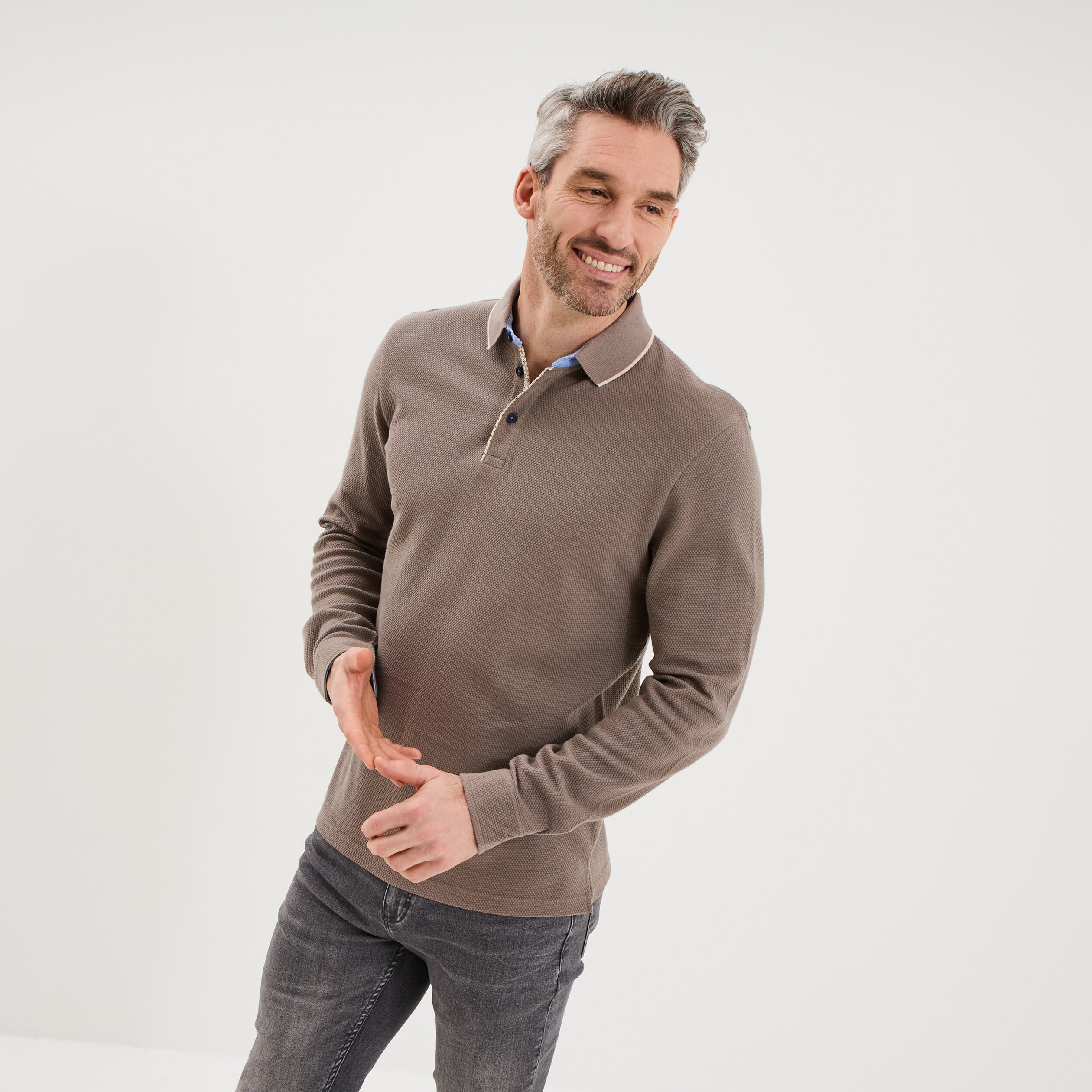 Polo piqu&eacute; droit manches longues coton gris homme