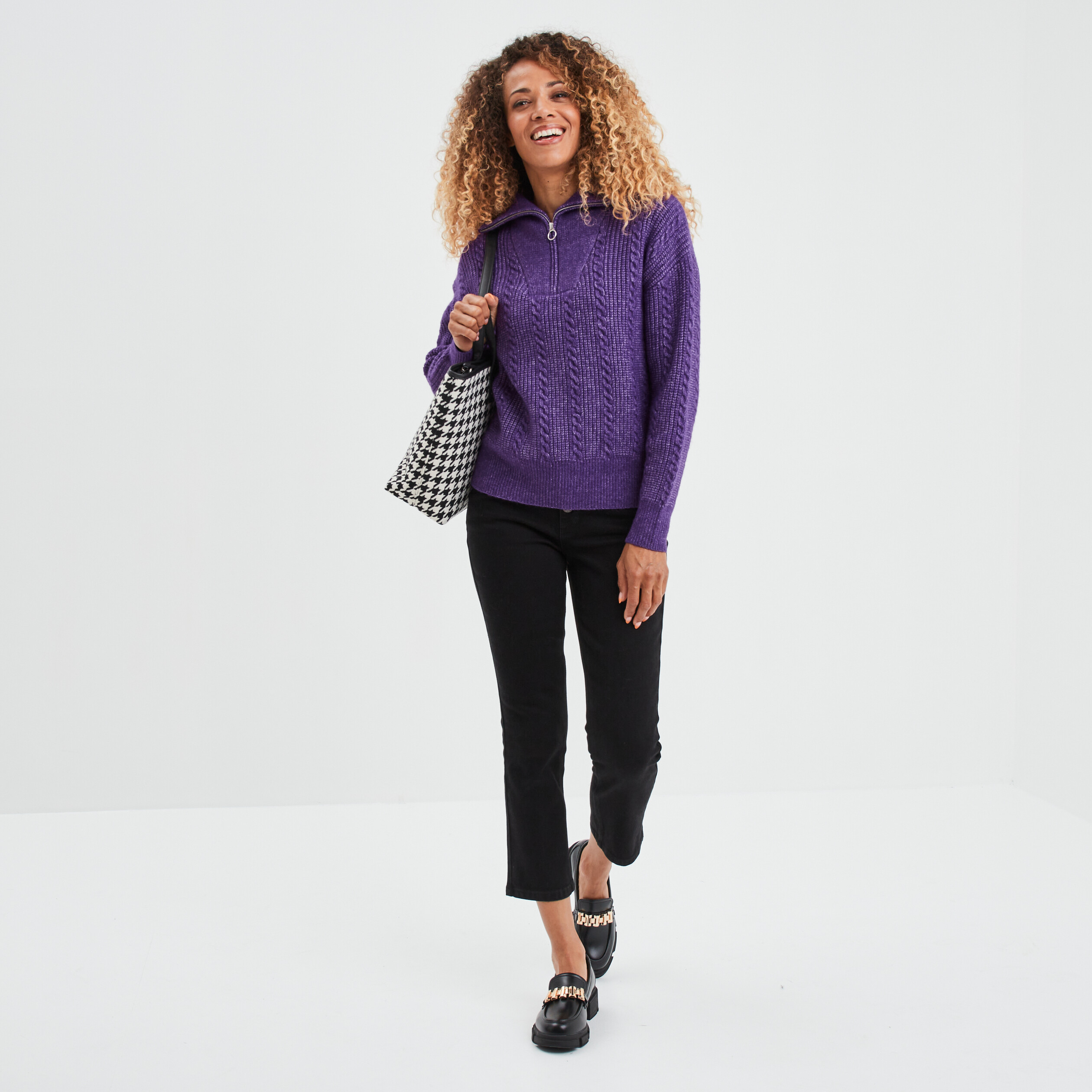 Pull camionneur zippé torsades Liberto violet foncé femme