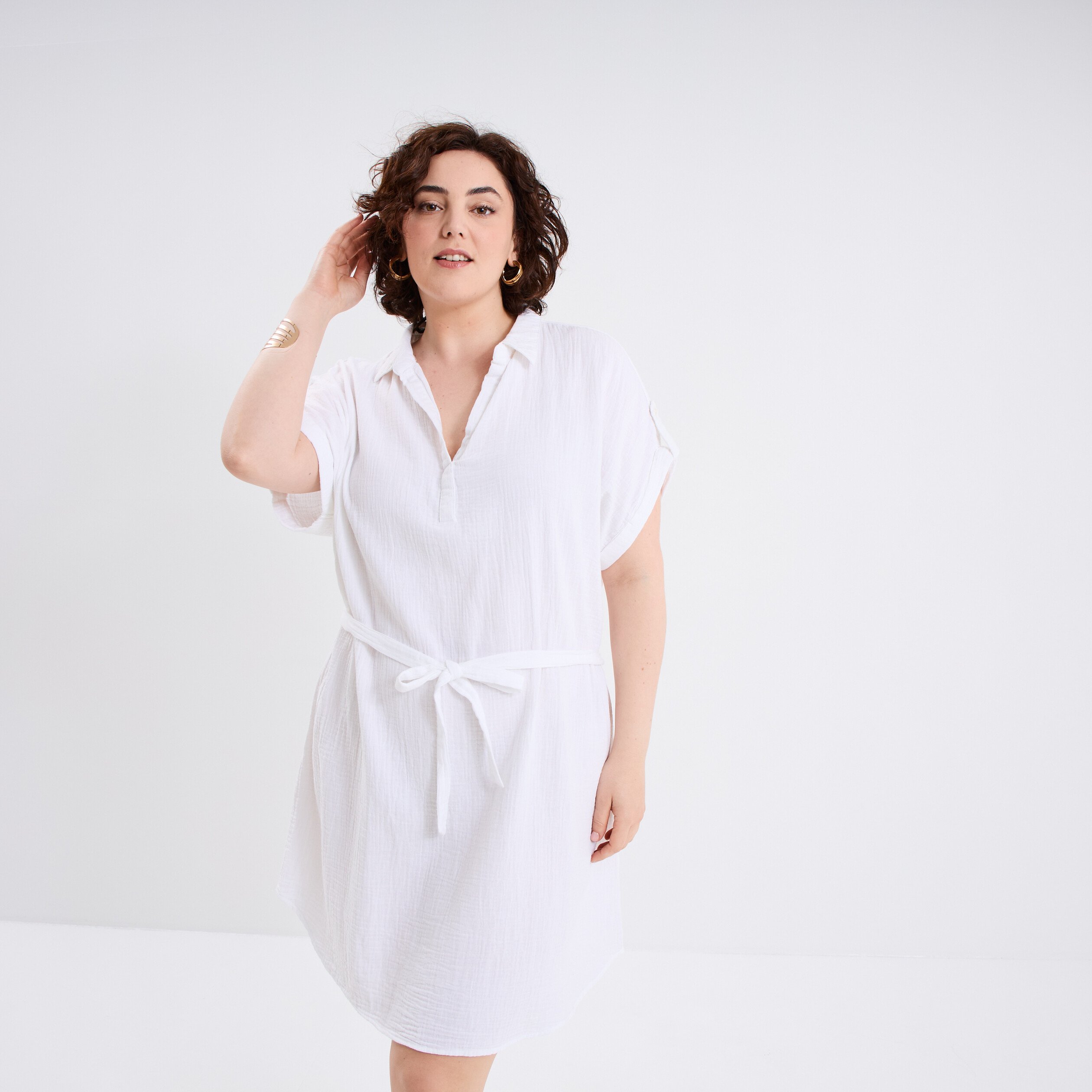 robe manches courtes en gaze de coton blanc femmegt Robe manches courtes en gaze de coton blanc femme grande taille