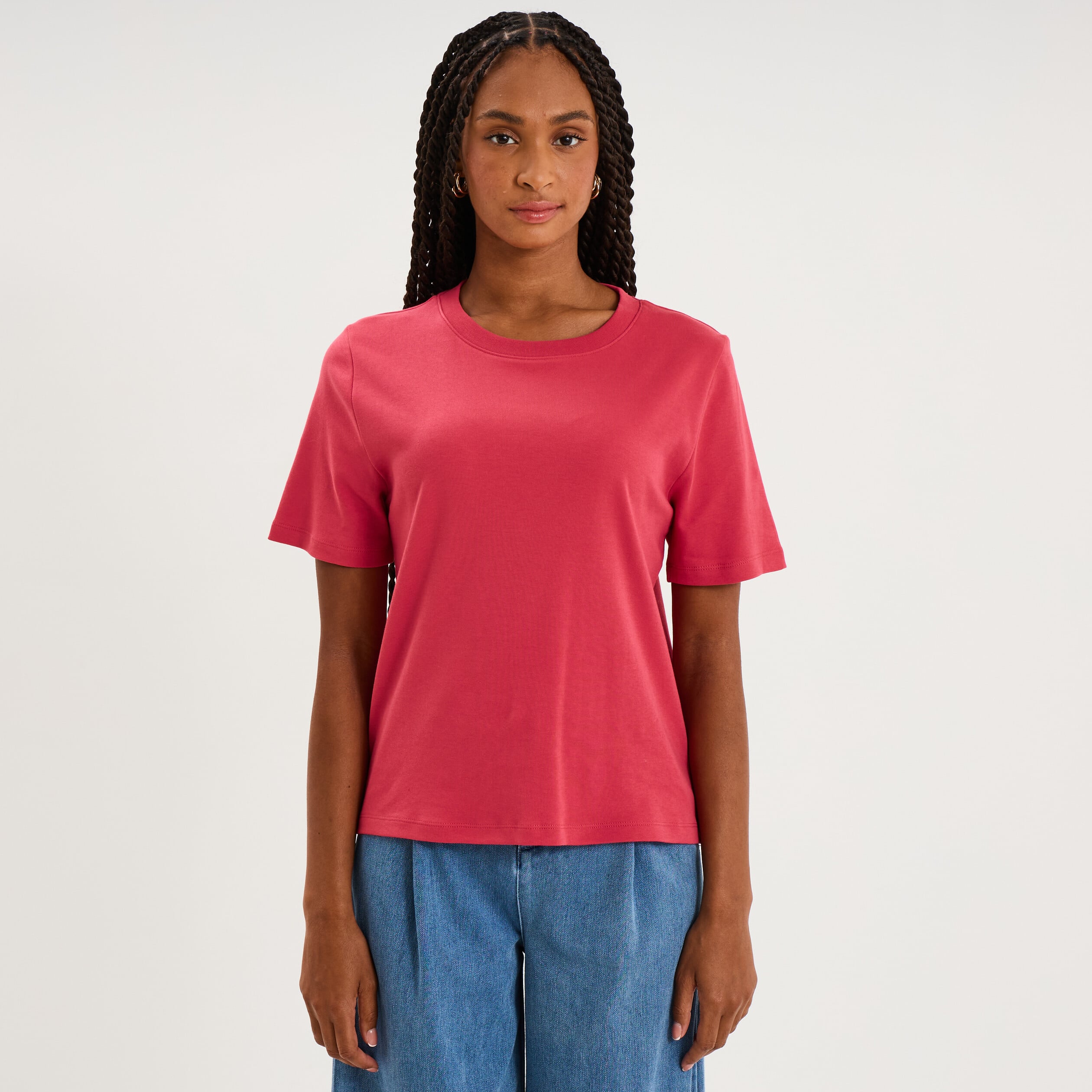 T-shirt manches courtes col rond coton rose cerise femme