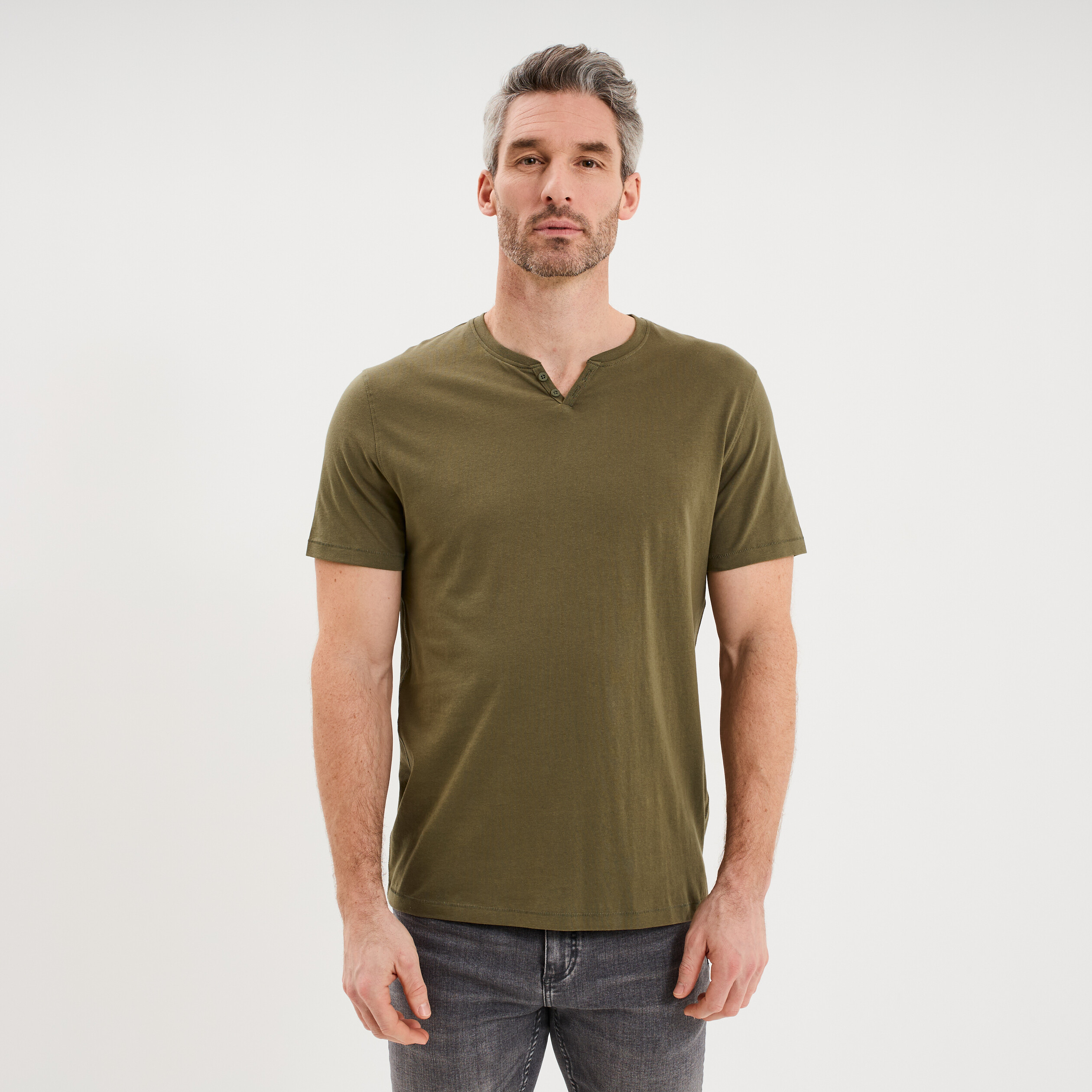 T-shirt manches courtes col tunisien vert kaki homme