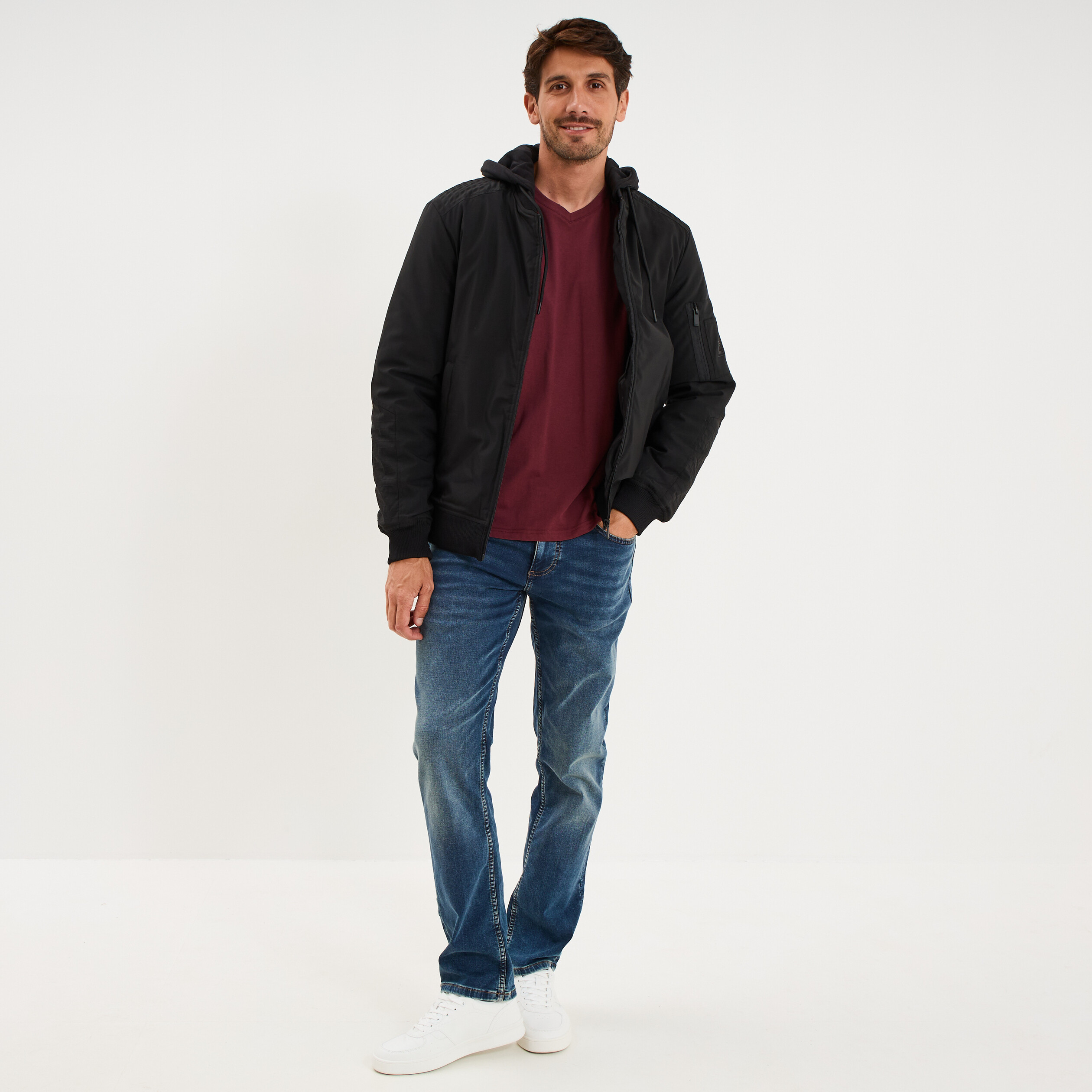 Veste bomber d&eacute;perlante capuche amovible noir homme