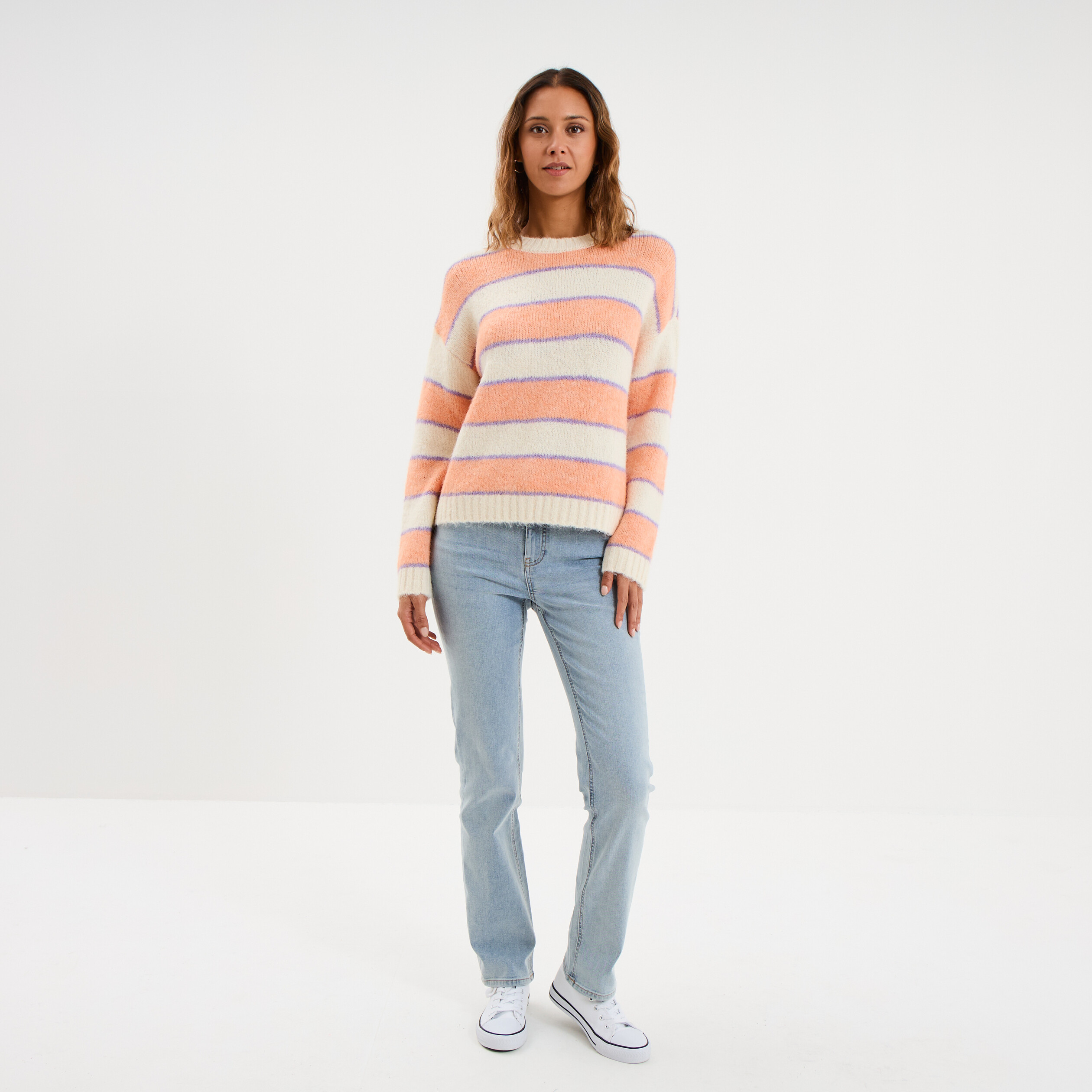 Pull col rond manches longues ecru femme