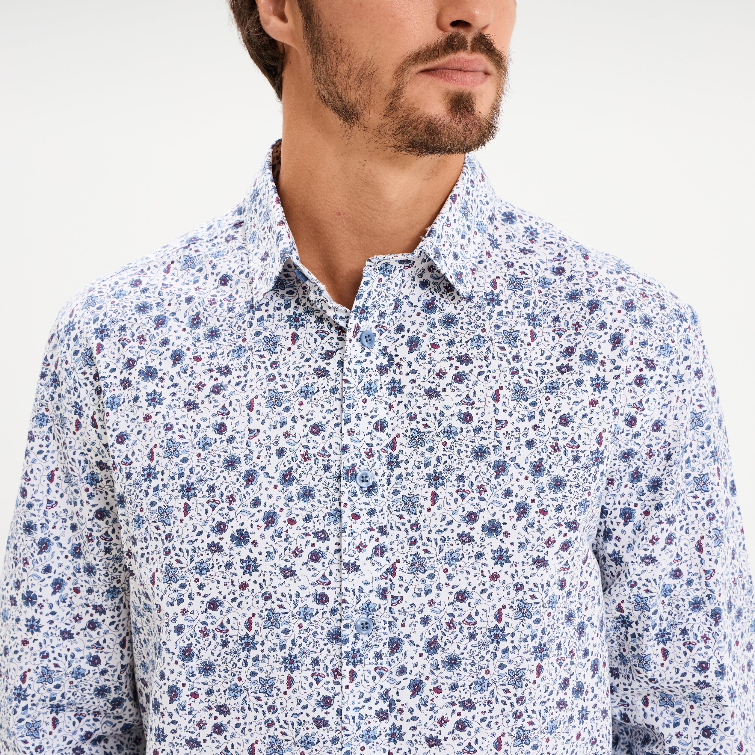 Chemise droite imprim&eacute;e manches longues bleu gris homme