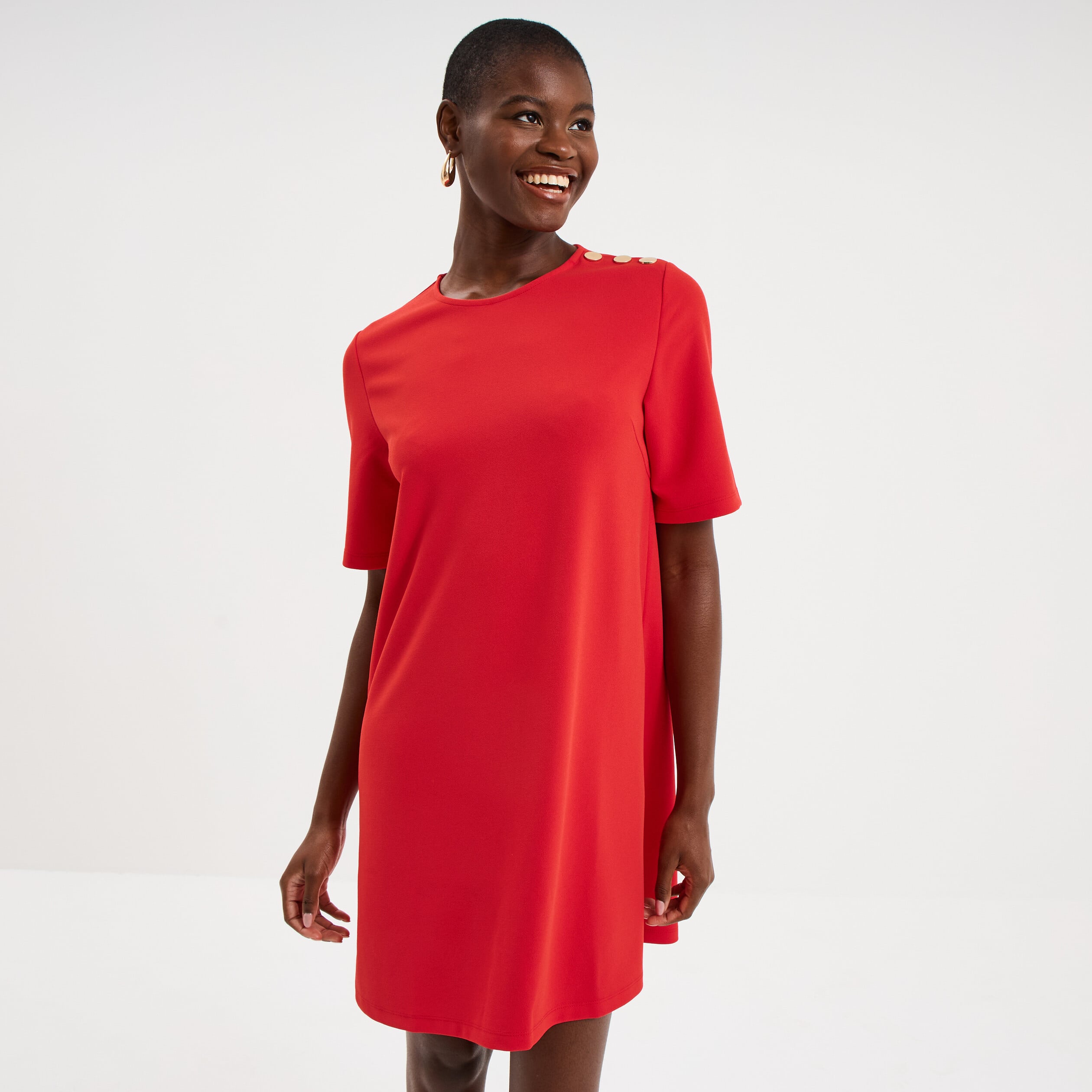 Robe droite cr&ecirc;pe manches courtes rouge femme