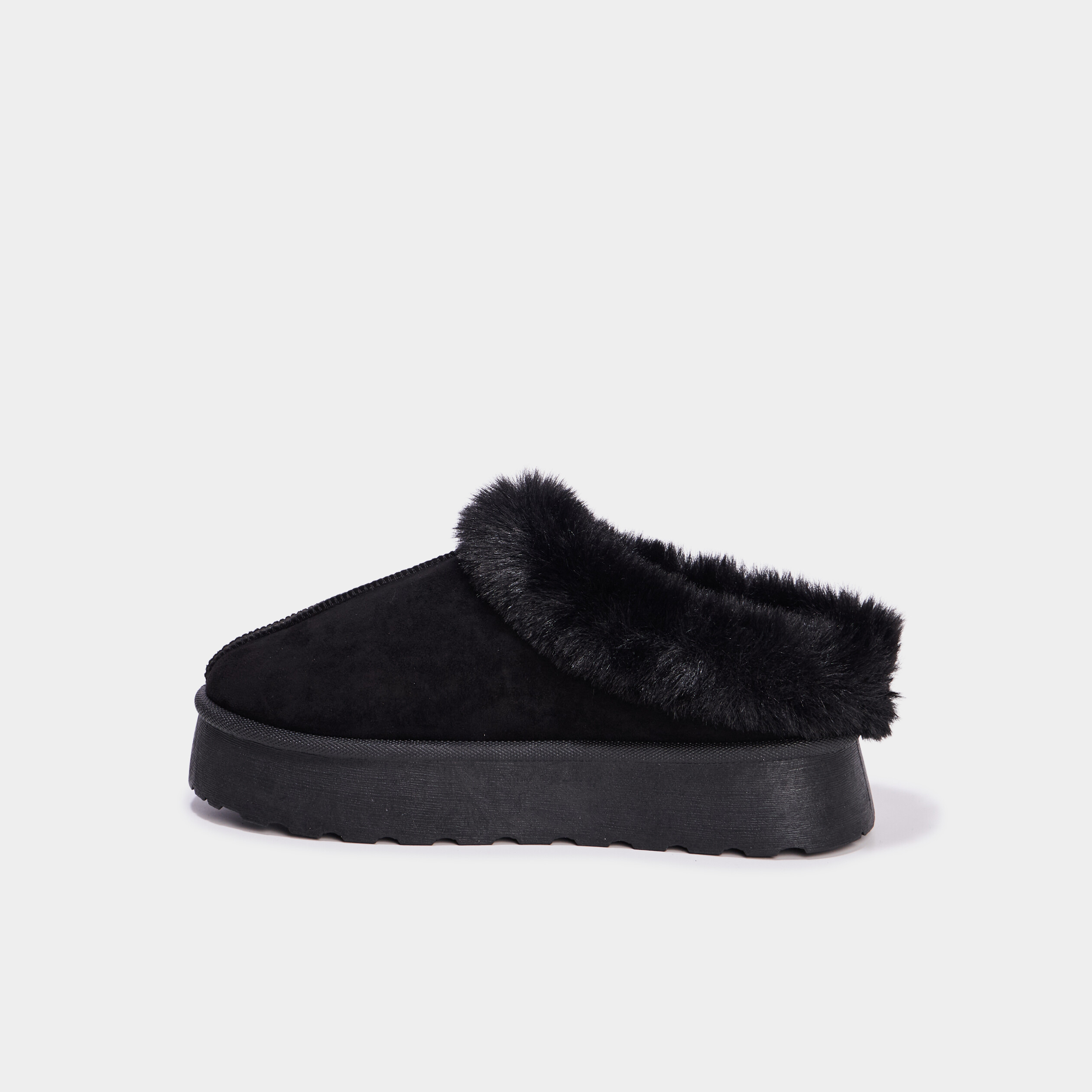 Mules fourr&eacute;es plateforme su&eacute;dine noir femme