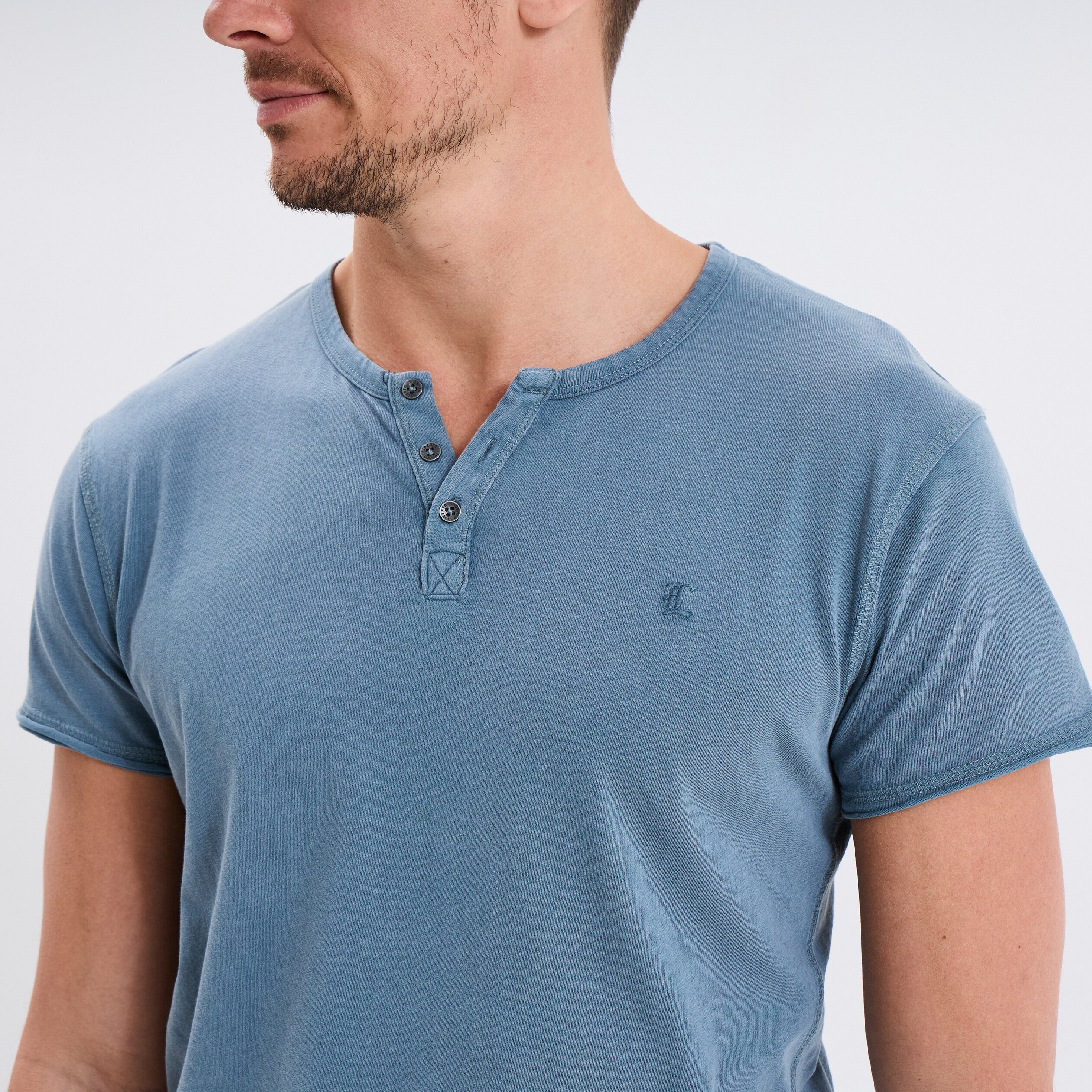 t shirt col tunisien manches courtes bleu gris homme T-shirt col tunisien manches courtes bleu gris homme