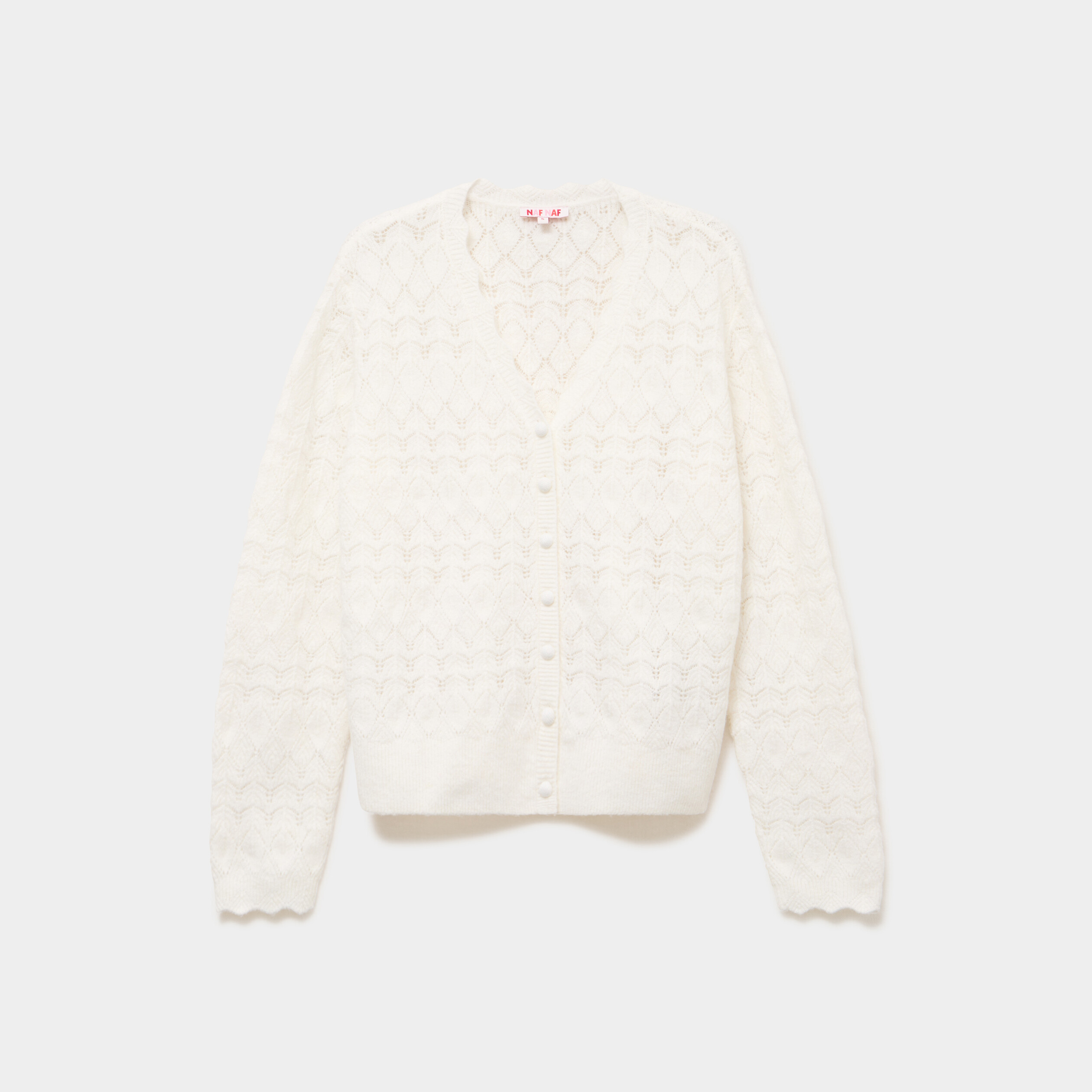 Gilet col V maille ajour&eacute;e boutonn&eacute; blanc femme