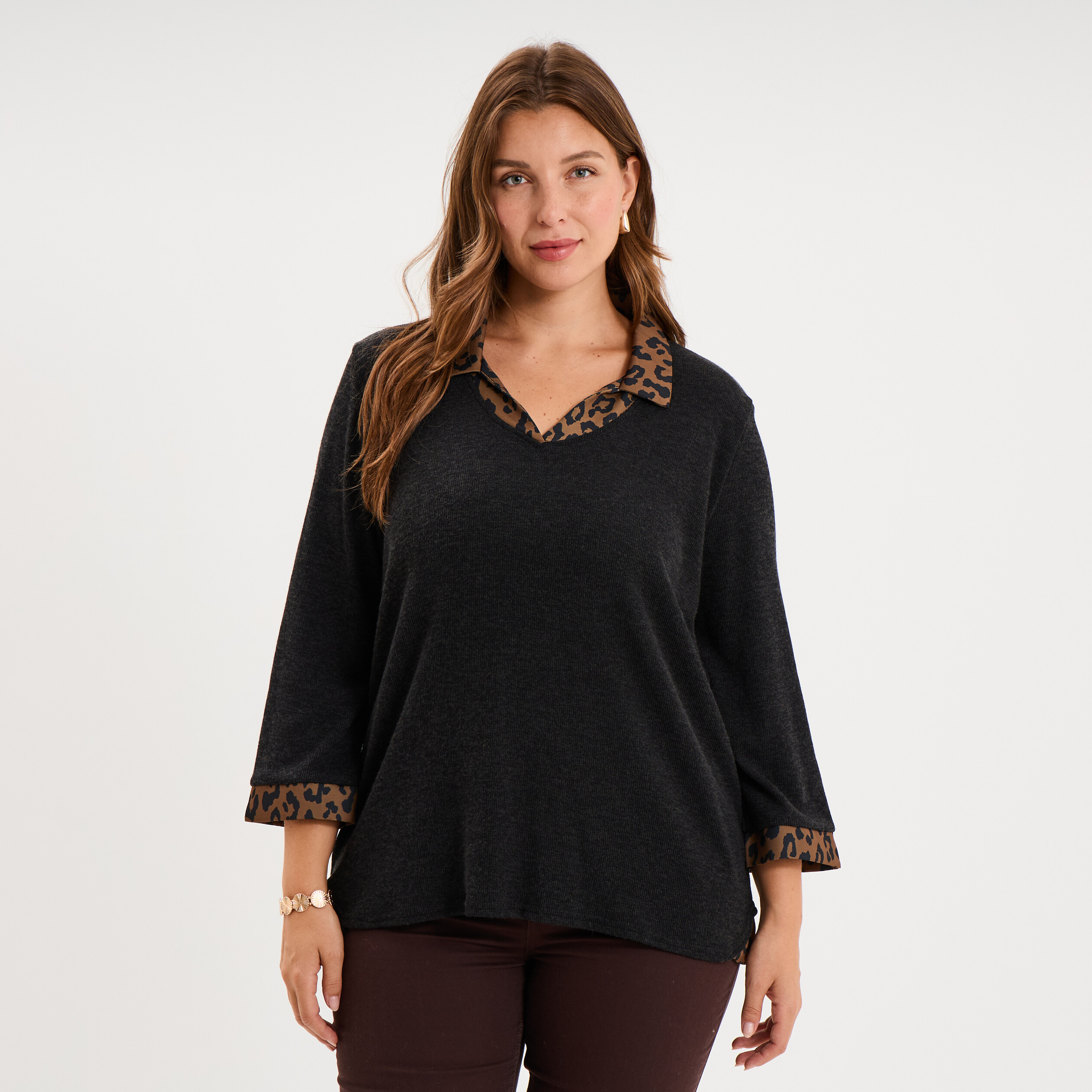 Pull effet 2-en-1 avec manches 3/4 vert kaki femme grande taille