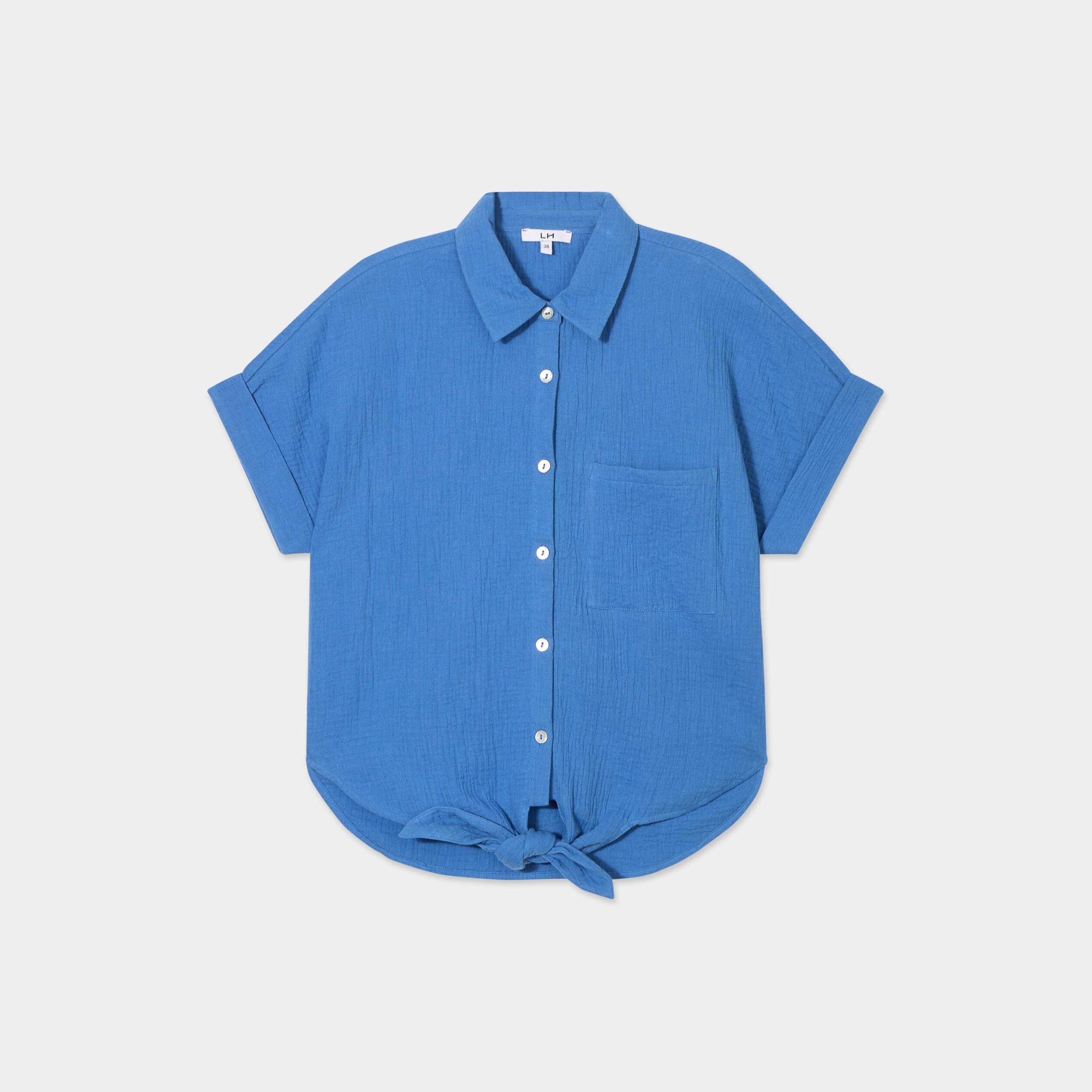 chemise nouee manches courtes gaze coton bleu fonce femme Chemise nouée manches courtes gaze coton bleu foncé femme