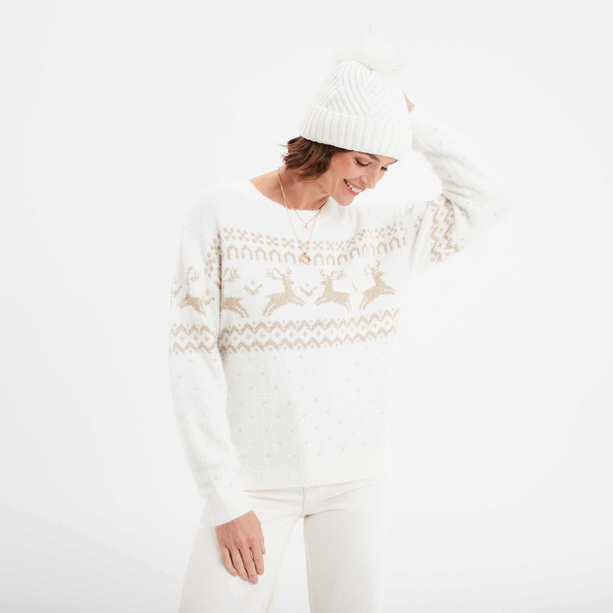 Pull No&euml;l col rond manches longues blanc femme