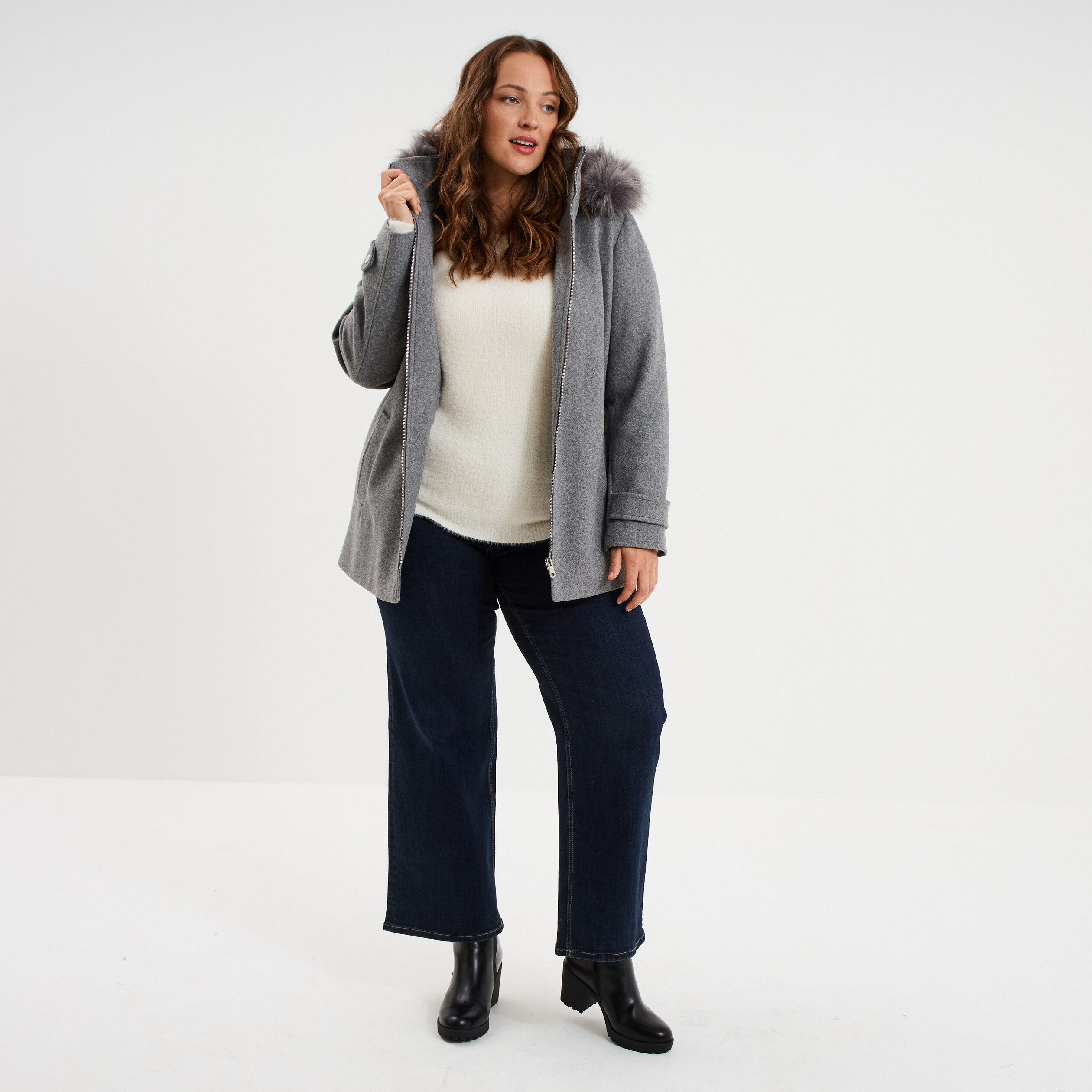 Manteau zippé à capuche fausse fourrure gris femme grande taille