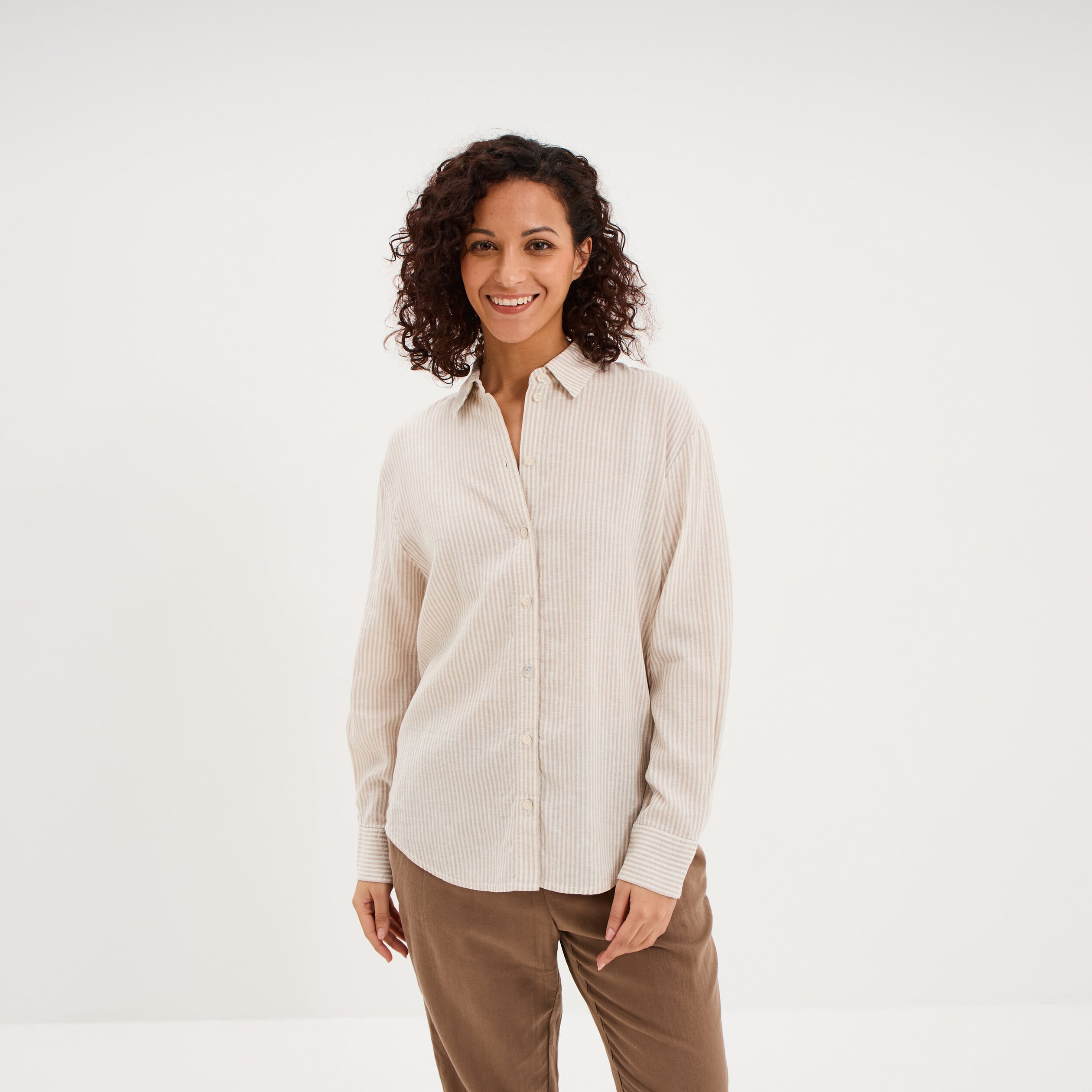Chemise oversize lin m&eacute;lang&eacute; beige femme