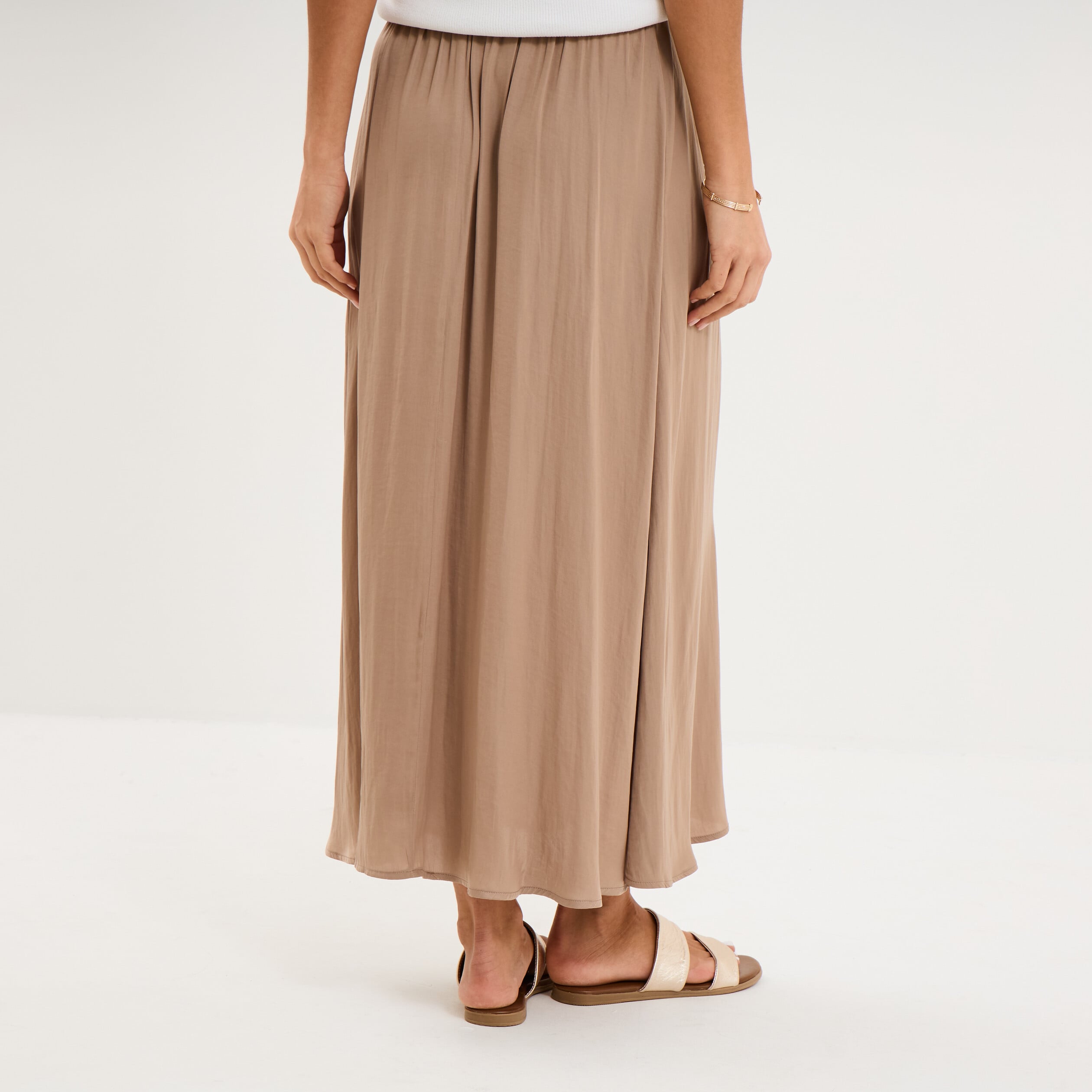Jupe longue effet satin marron femme