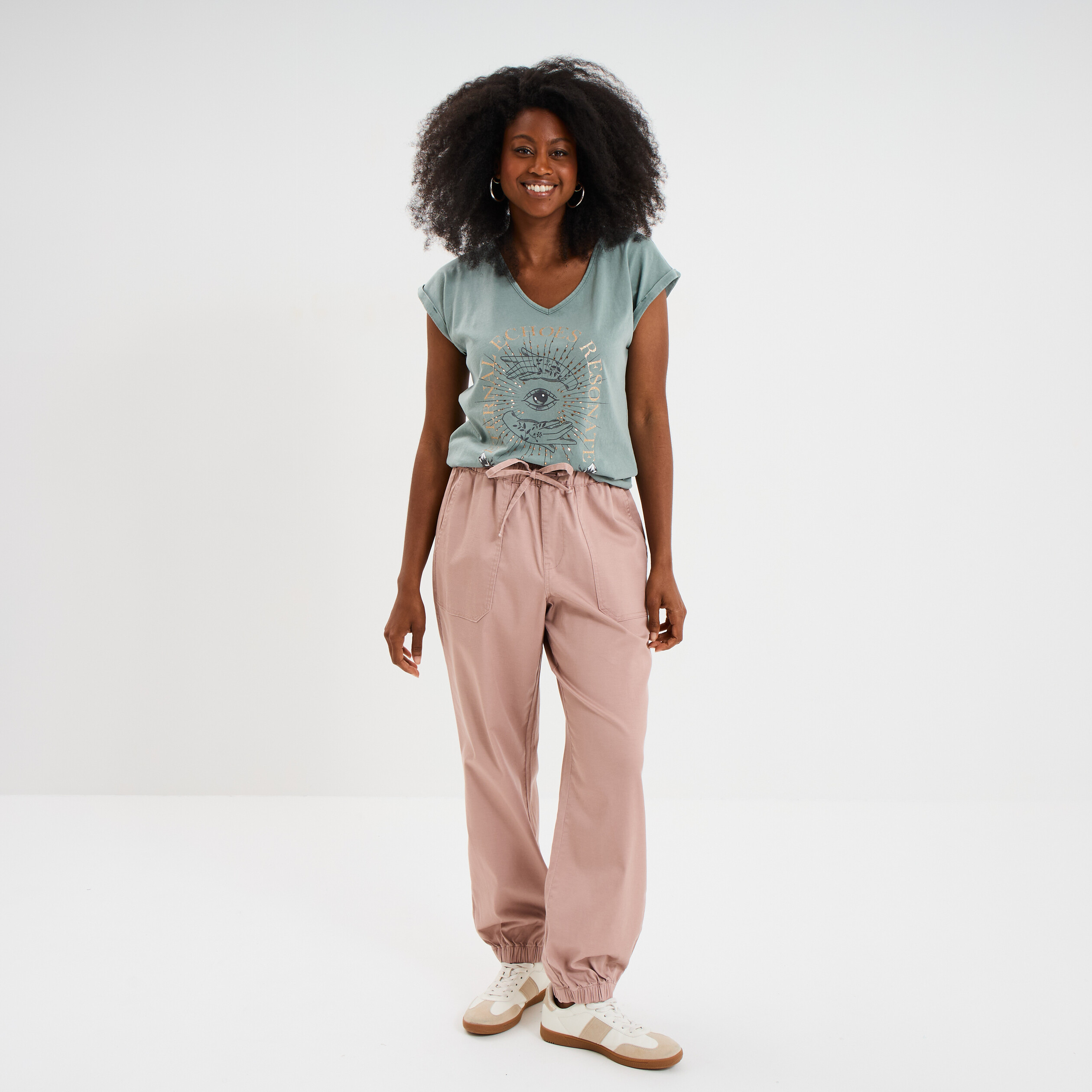 pantalon droit battle taille elastiquee rose poudree femme Pantalon droit battle taille élastiquée rose poudrée femme