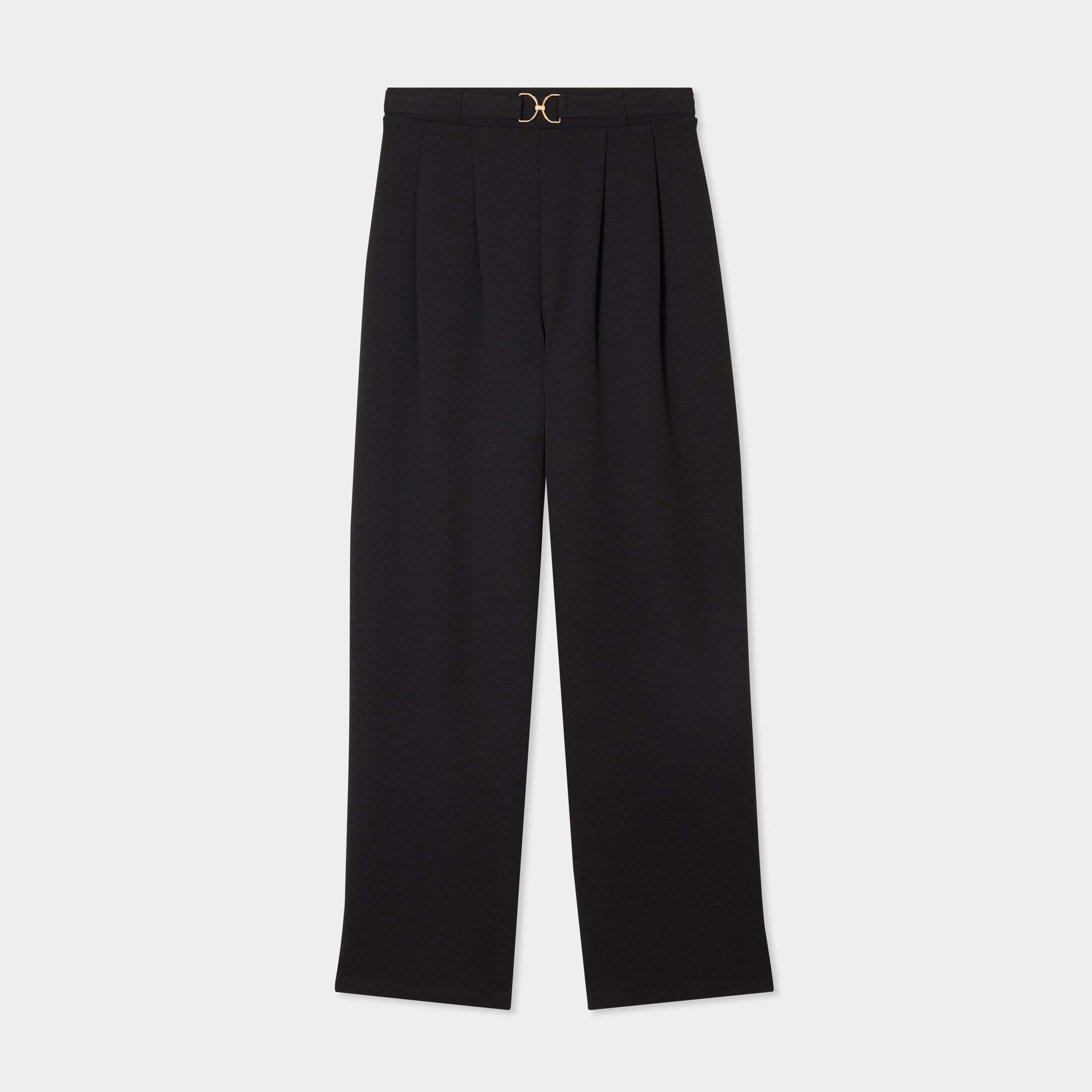 pantalon large fluide detail boucle noir femme Pantalon large fluide détail boucle noir femme