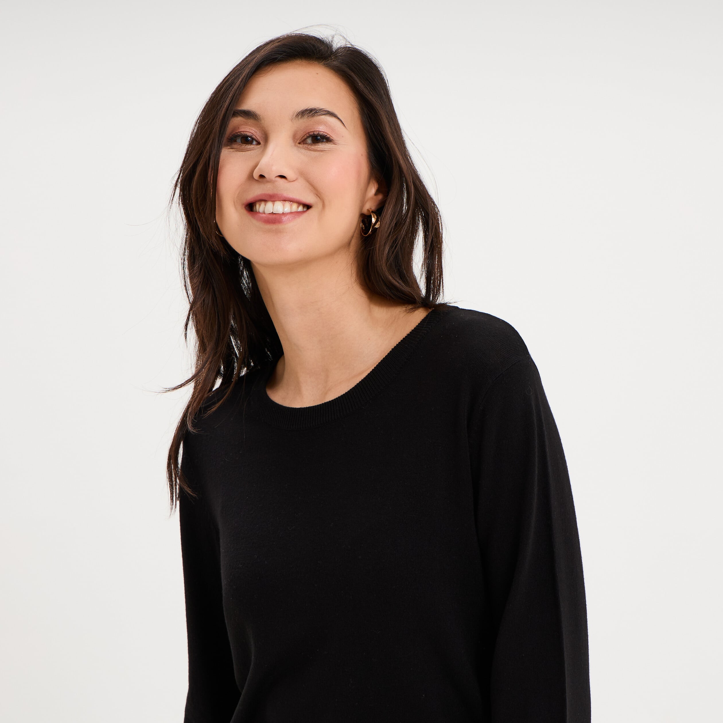 Pull col rond manches longues noir femme