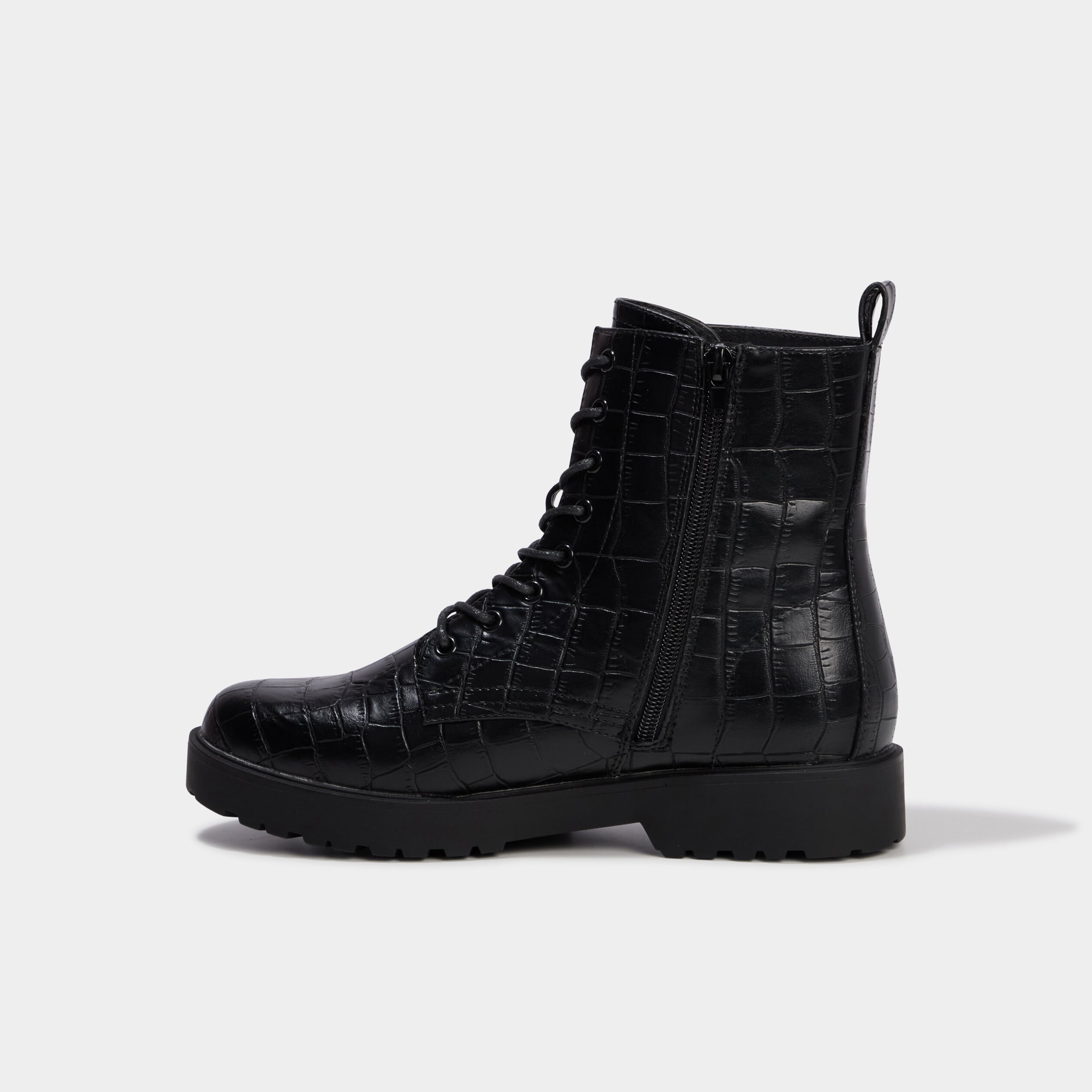Boots plates zipp&eacute;es &agrave; lacets noir femme