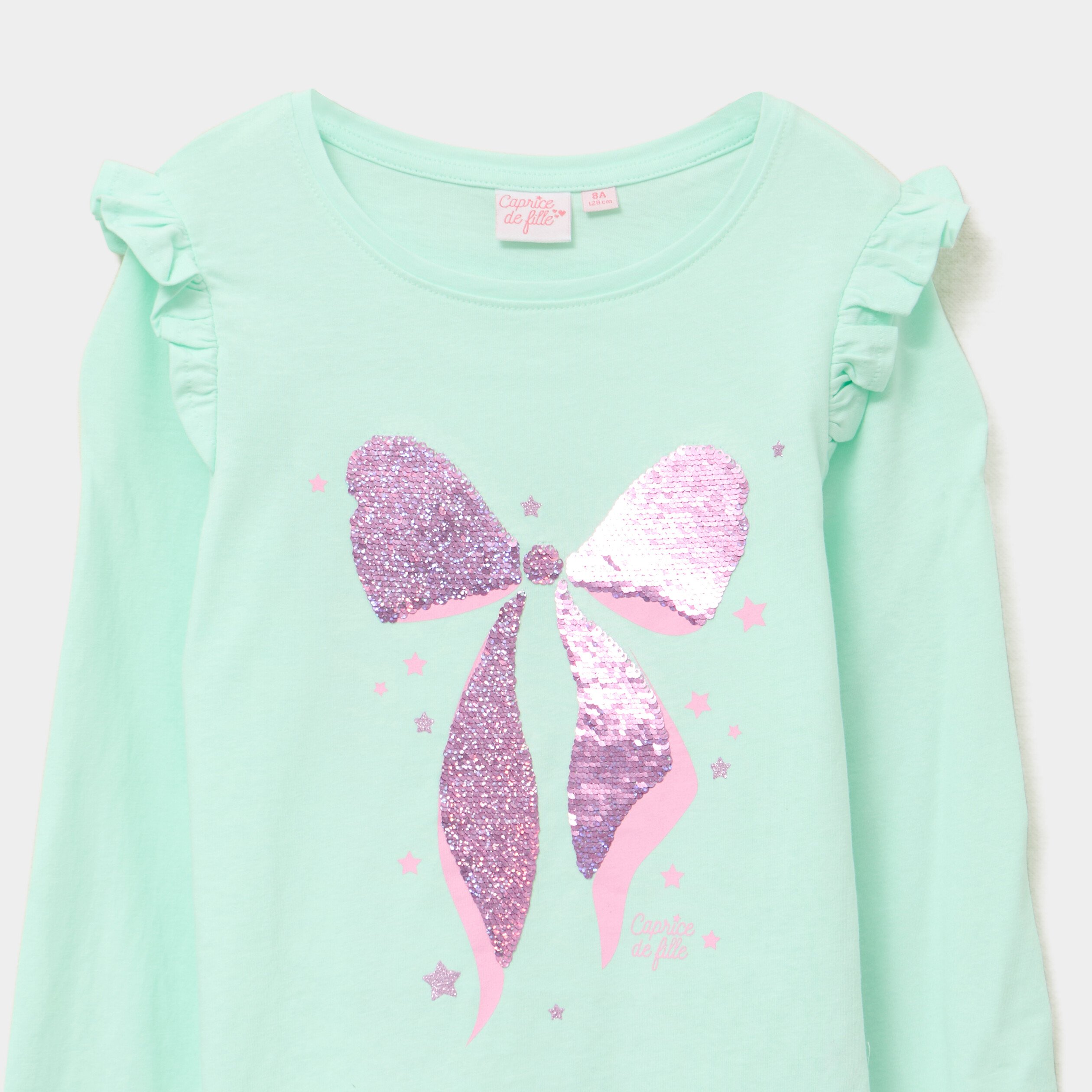 t shirt a manches longues sequins coton vert clair fille T-shirt à manches longues sequins coton vert clair fille