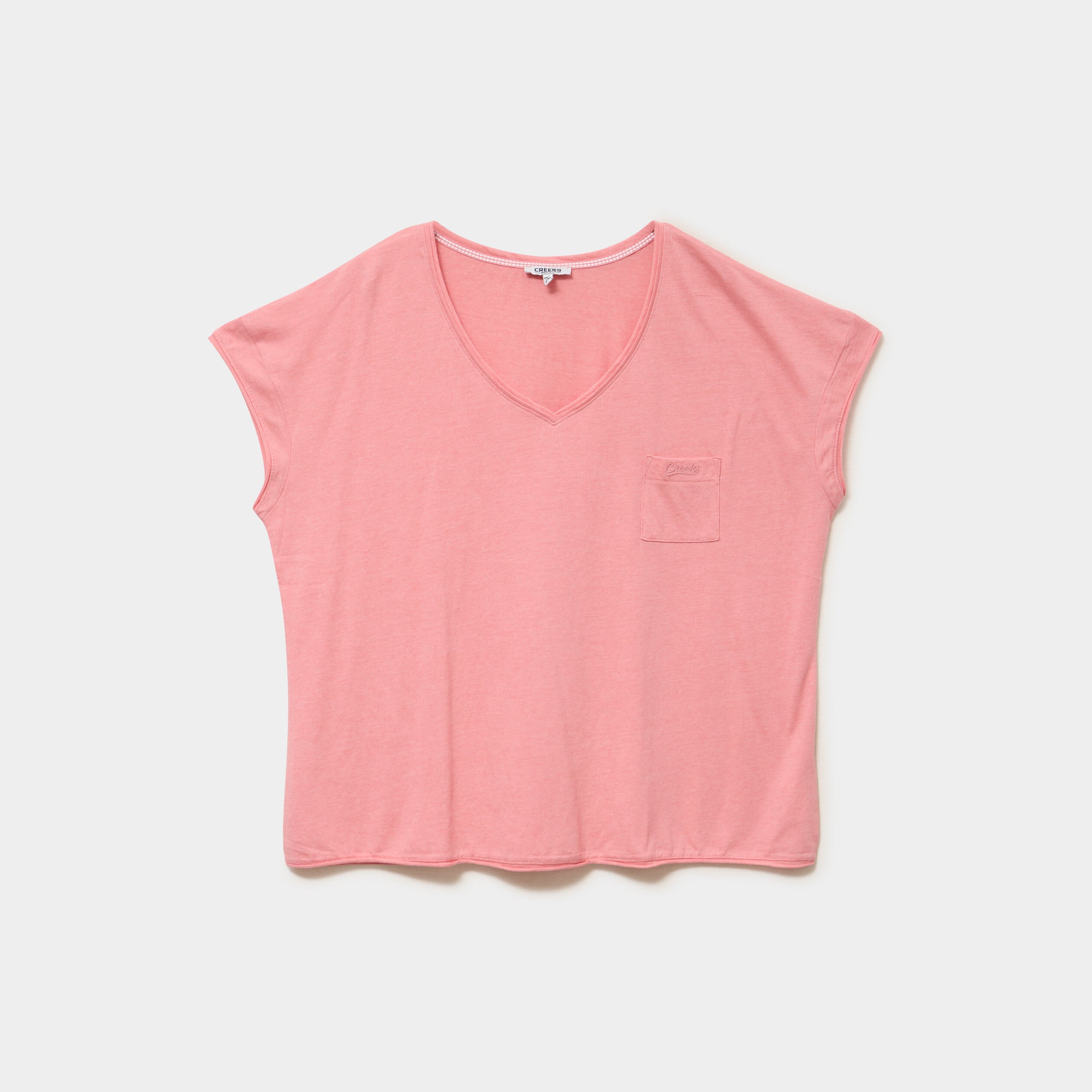 T-shirt effet chin&eacute; col en V avec poche rose vif femme grande taille