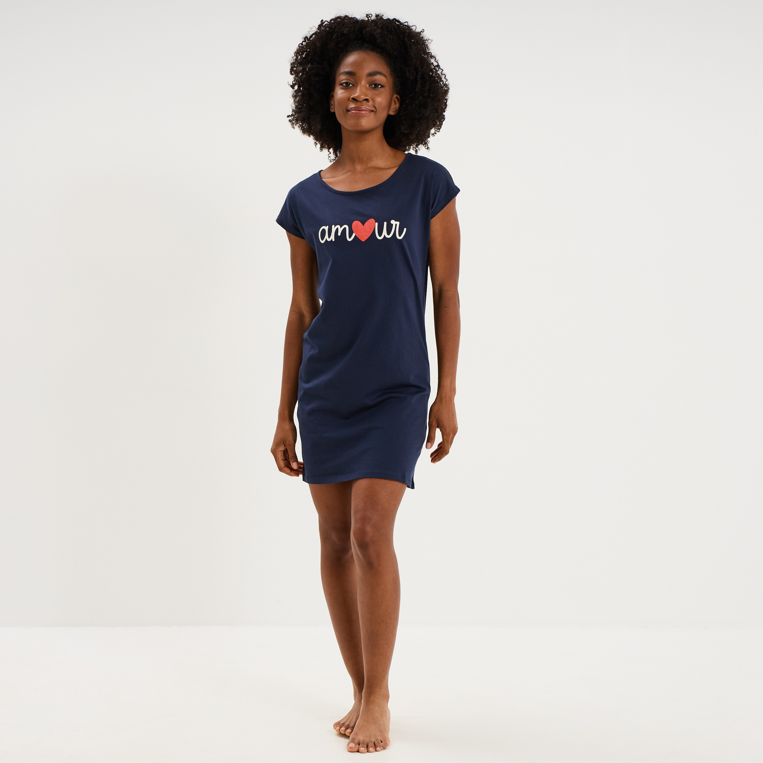 Chemise de nuit manches courtes coton bleu marine femme