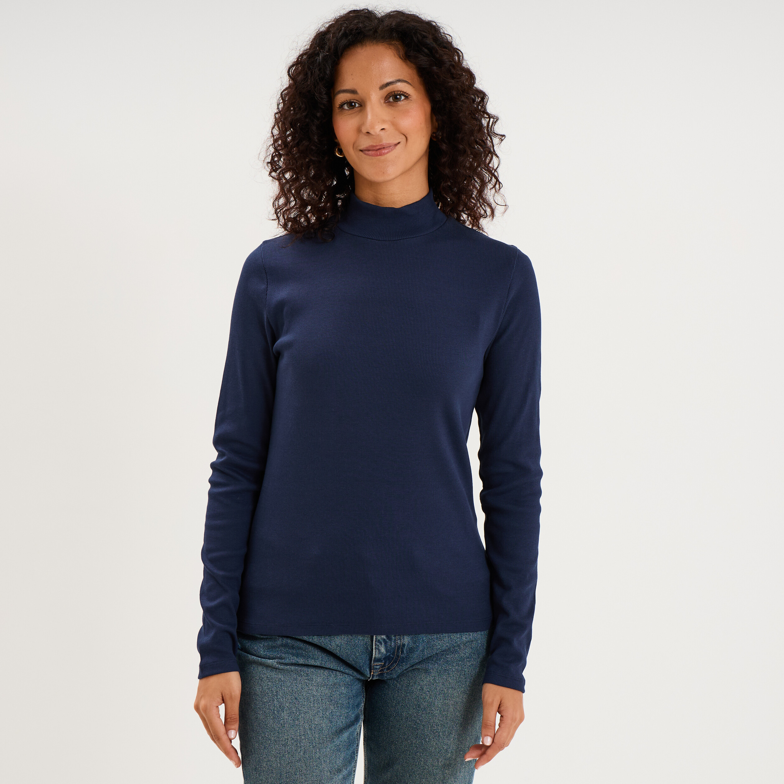 T-shirt ajust&eacute; col montant bleu marine femme