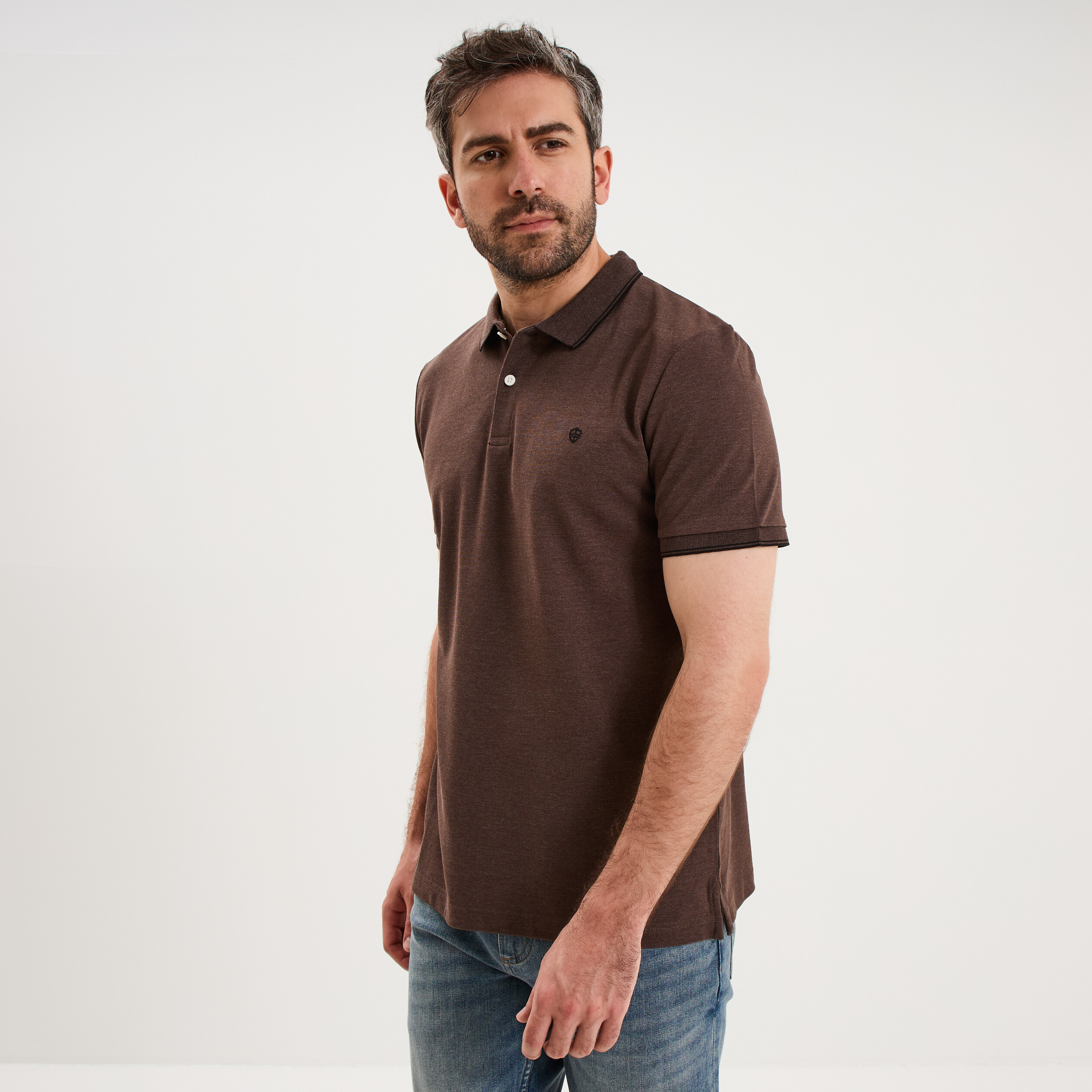 Polo piqu&eacute; coton manches courtes marron chocolat homme
