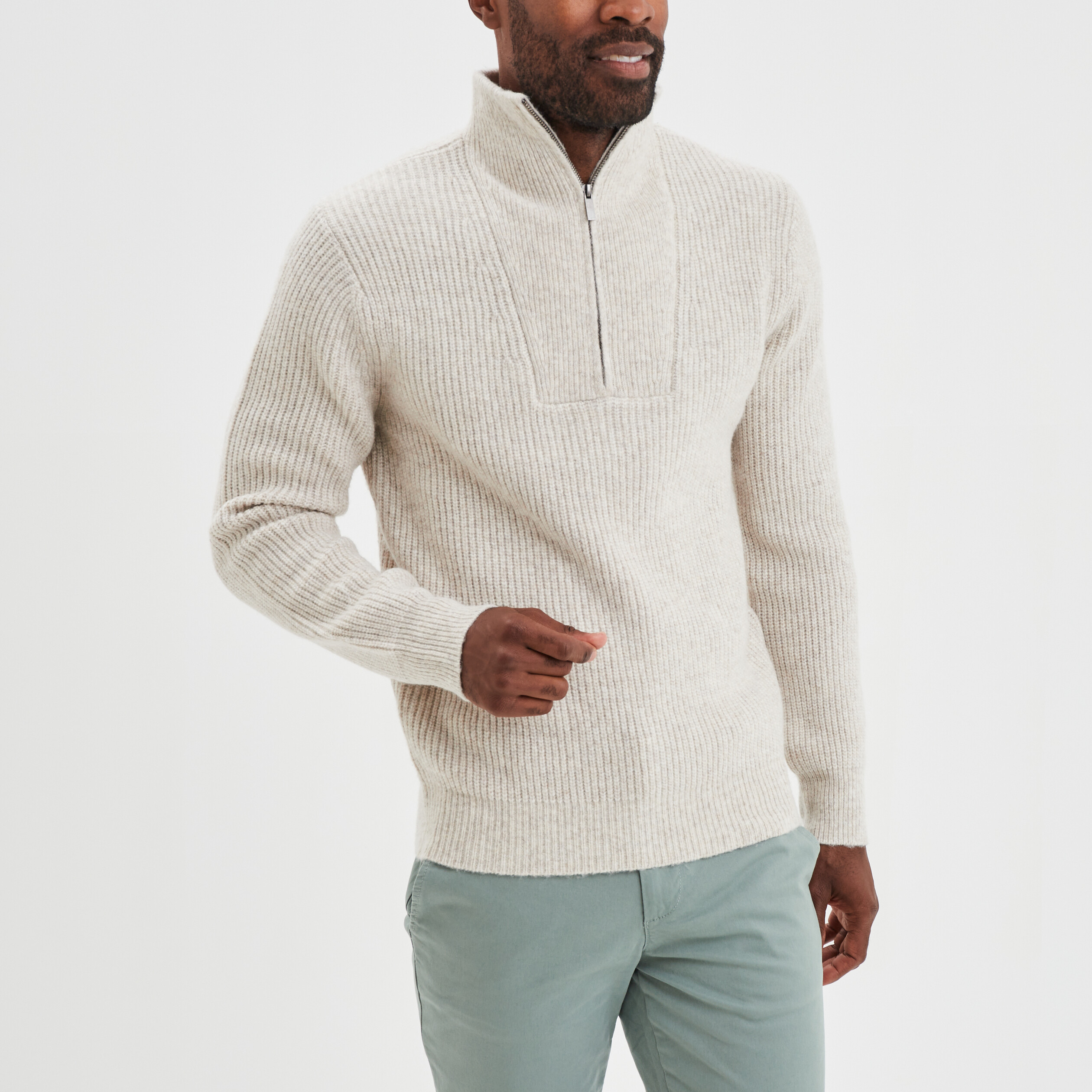 Pull avec col camionneur côtelé beige homme