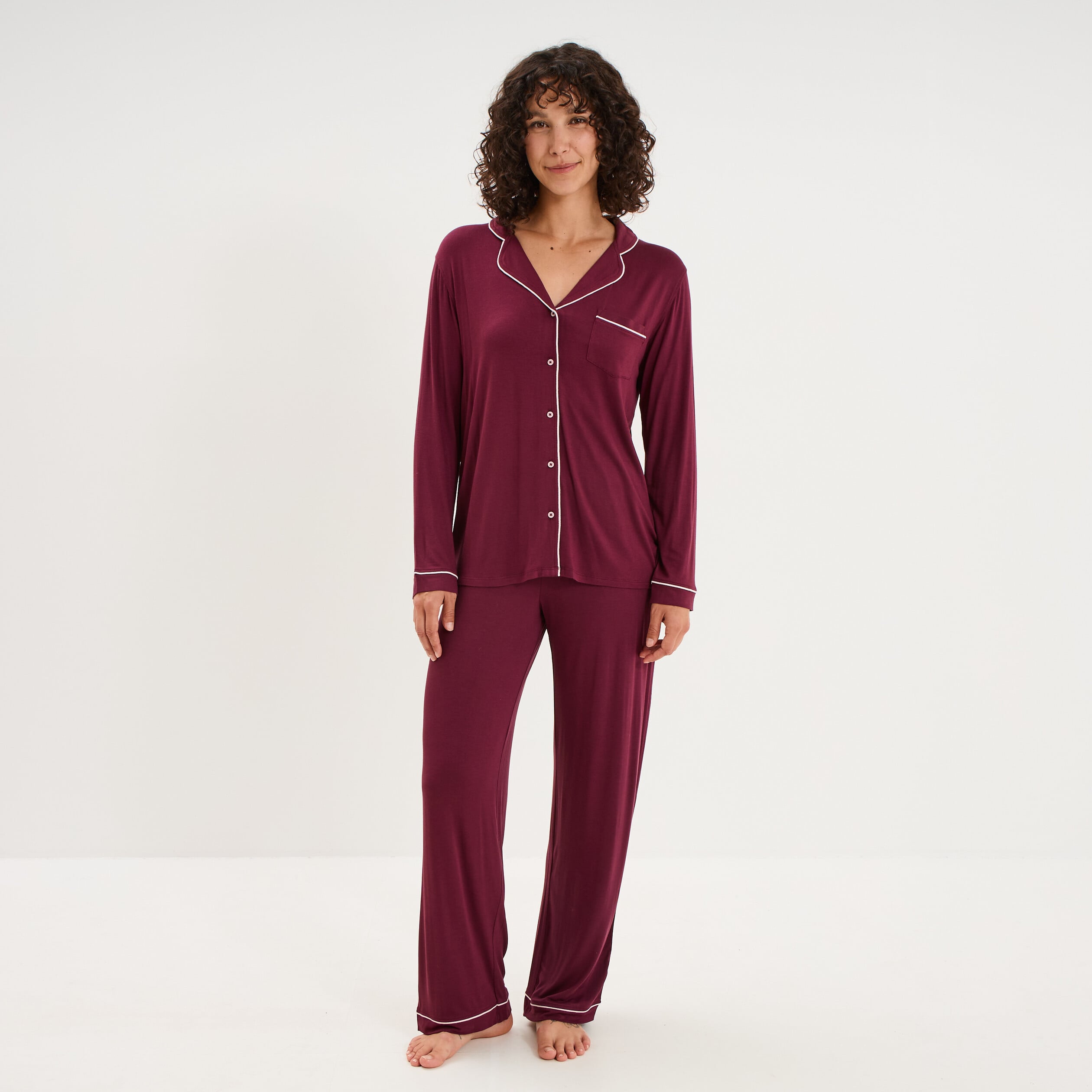 Ensemble pyjama pantalon et chemise prune femme